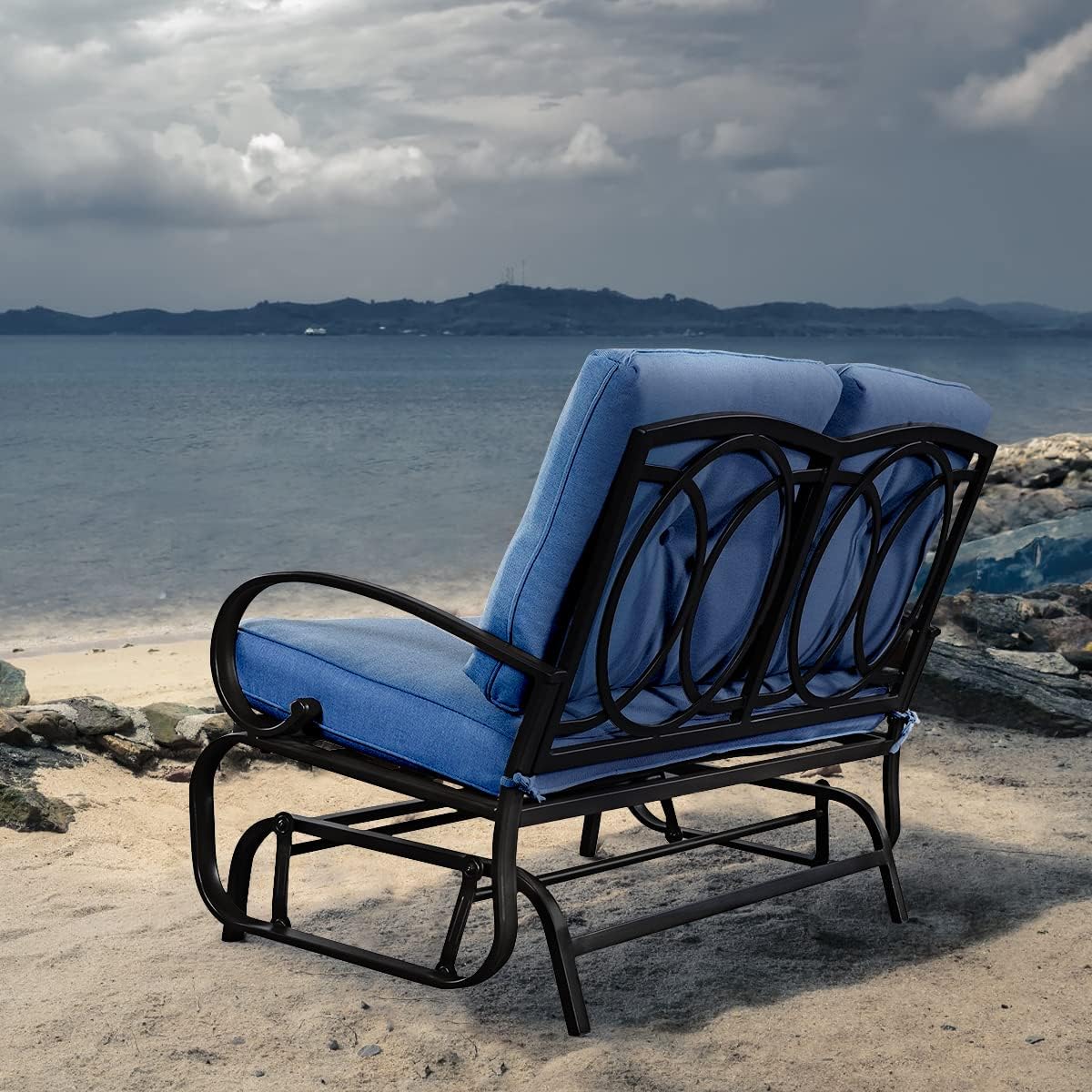 Giantex Outdoor Glider Bench, Patio 2 Person Loveseat with Removable Cushion, Padded Seat, Stable Steel Frame, Outside Glider Swing Chair for Deck, Poolside, Backyard, Balcony, Porch Glider(Navy)