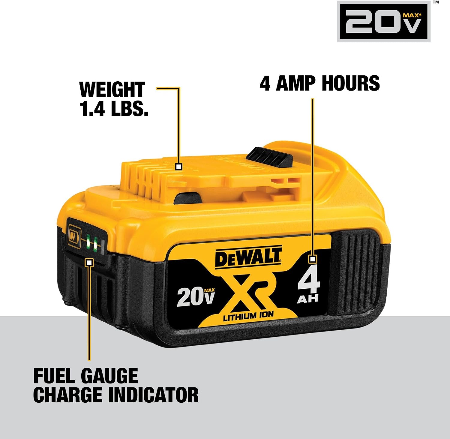 DEWALT 20V MAX Lithium Ion Battery, 2 Ah and 4 Ah, 4-Pack, Fuel Gauge LED Charge Indicators (DCB324-4)