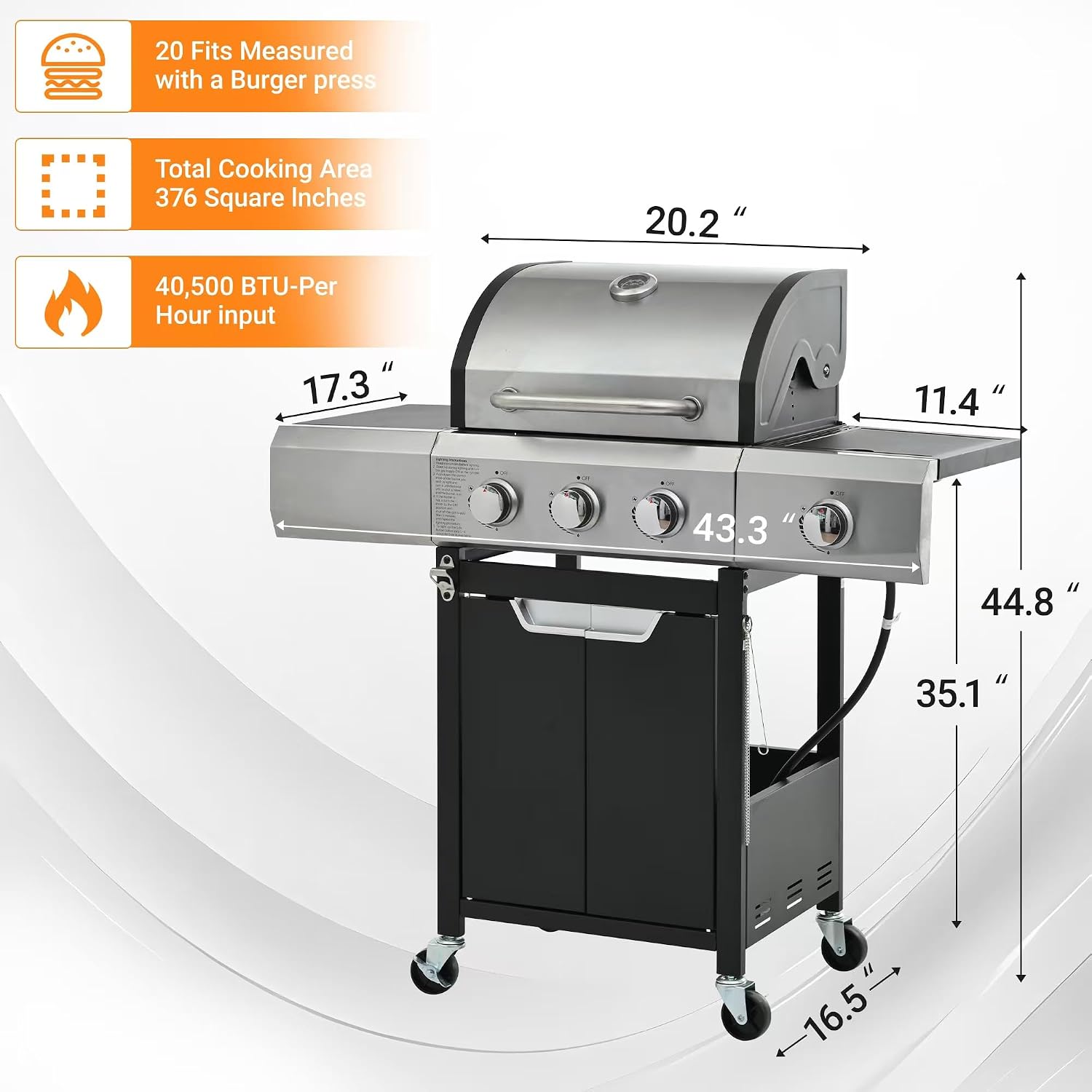 3 Burner Gas Grill with Cloth Cover – High-Powered 51,000 BTU Burners, Stainless Steel Construction, Ample Cooking Space – Perfect for Backyard Barbecues, Parties, and Family Gatherings