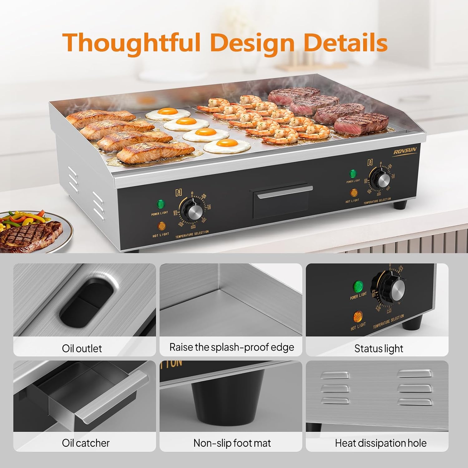 ROVSUN 26' Electric Griddle, Electric Countertop Half Flat Top Griddle, 3200W Grill Stainless Steel with Adjustable Temperature Control 122°F-572°F for Commercial Home Restaurant, Plug