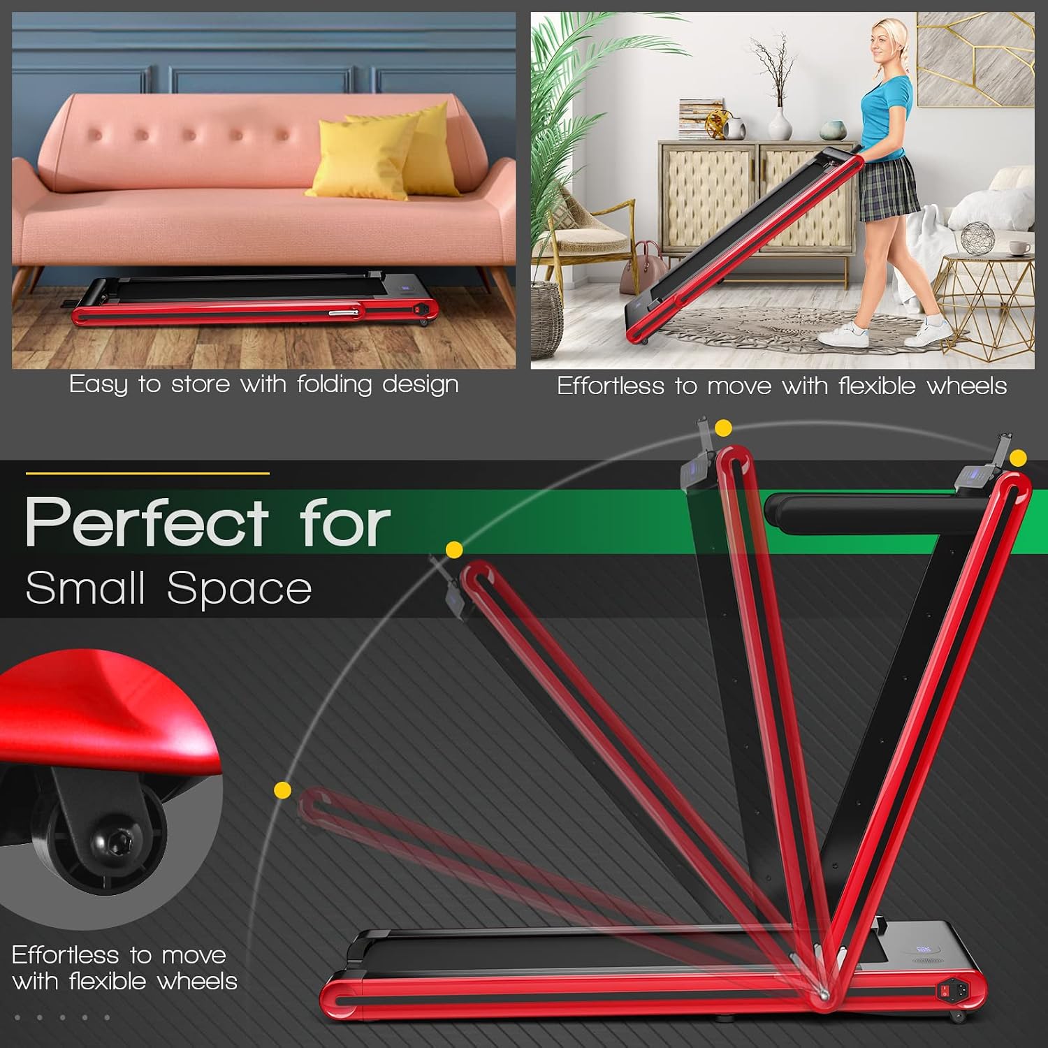 GYMAX 2 in 1 Under Desk Treadmill, Folding Running Machine with Dual LED Display, APP & Remote Control, Walking Pad Jogging Machine for Home Gym Small Space (Red)