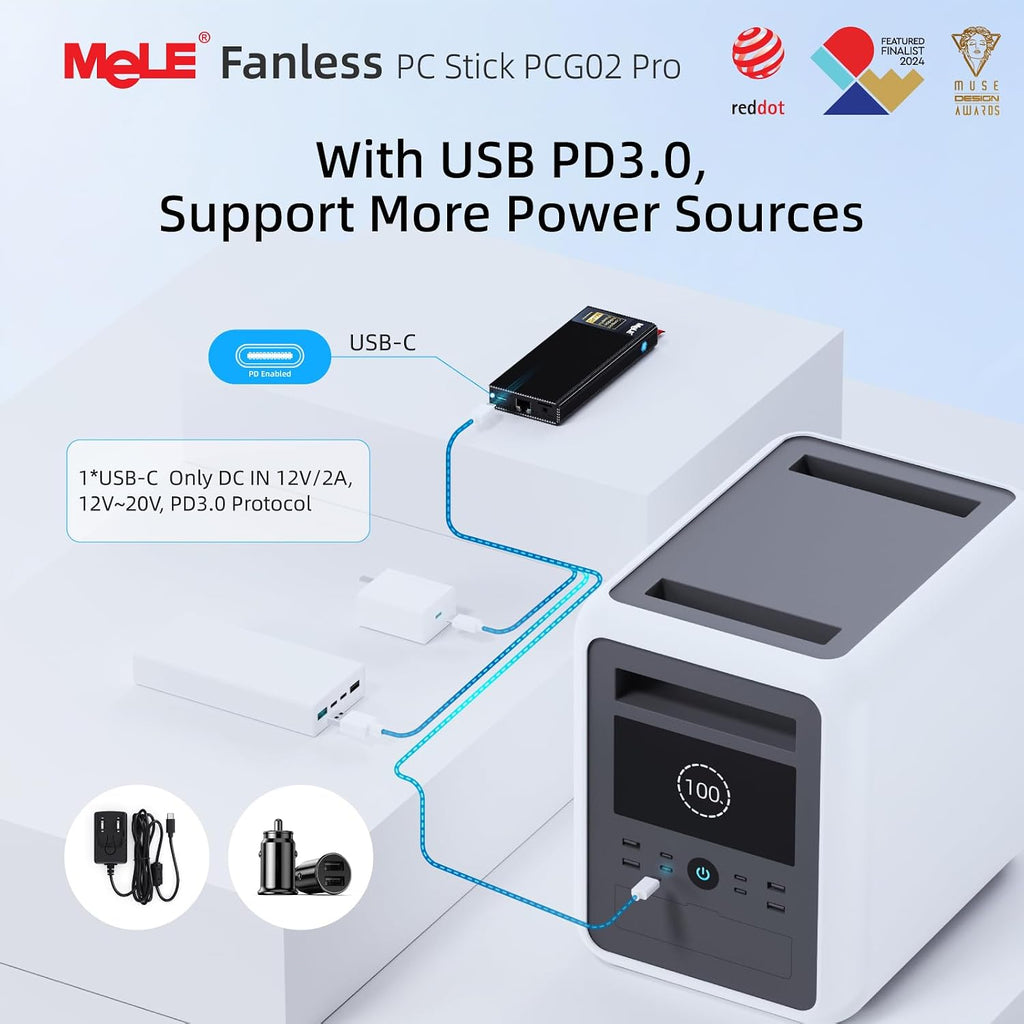 MeLE PCG02 Pro Fanless N100 Mini PC Stick 8GB LPDDR4x 128GB eMMC Win11pro Slim Micro Computer Stick Dual HDMI 4K Display WiFi 5 BT5.1 GbE, Support PD3.0 Protocol, on IoT, Digital Signage, MES, WMS