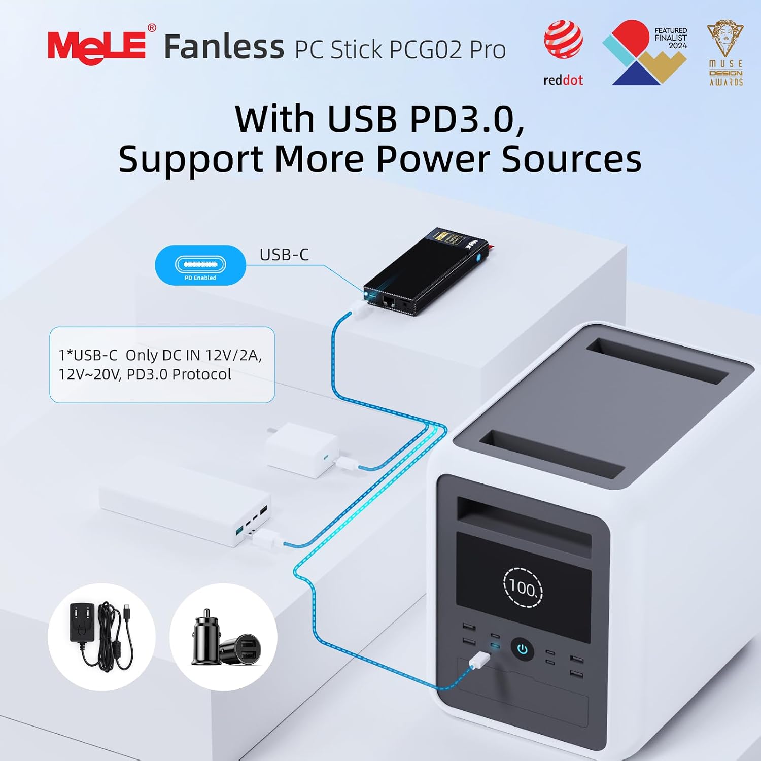 MeLE PCG02 Pro Fanless N100 Mini PC Stick 8GB LPDDR4x 128GB eMMC Win11pro Slim Micro Computer Stick Dual HDMI 4K Display WiFi 5 BT5.1 GbE, Support PD3.0 Protocol, on IoT, Digital Signage, MES, WMS