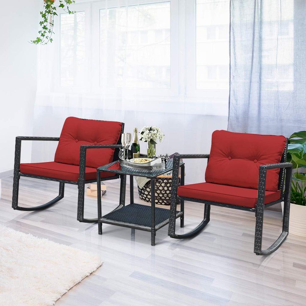 Tangkula 3 Pieces Patio Wicker Rocking Bistro Set, Outdoor Rocking Chair Furniture Set w/Cushioned Seat, Conversation Set w/Glass Coffee Table and Storage Shelf (Red)