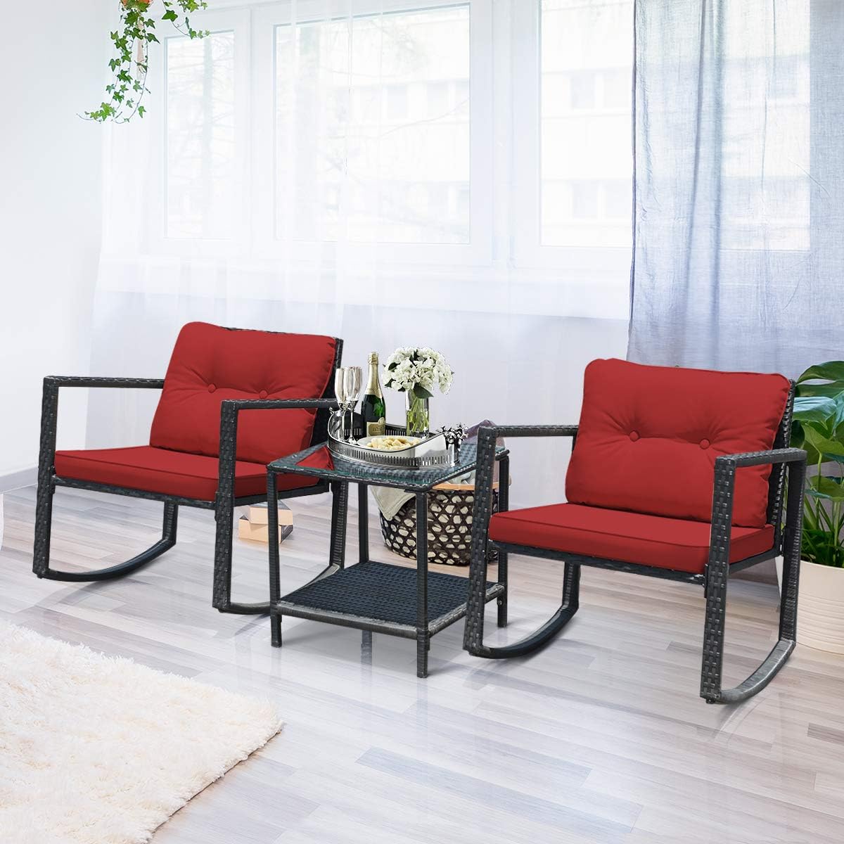 Tangkula 3 Pieces Patio Wicker Rocking Bistro Set, Outdoor Rocking Chair Furniture Set w/Cushioned Seat, Conversation Set w/Glass Coffee Table and Storage Shelf (Red)