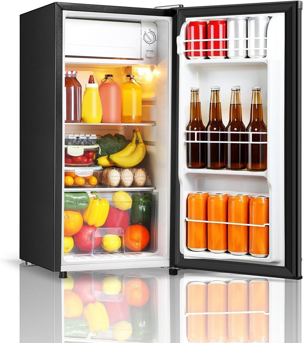 Seaoola Mini Fridge with Freezer, Single Door 3.1 Cu.Ft, Compact Mini Refrigerator, LED Light, Adjustable Thermostat, Removable Glass Shelves, Small Refrigerator for Dorm/Office/Bedroom(Black) (Black)