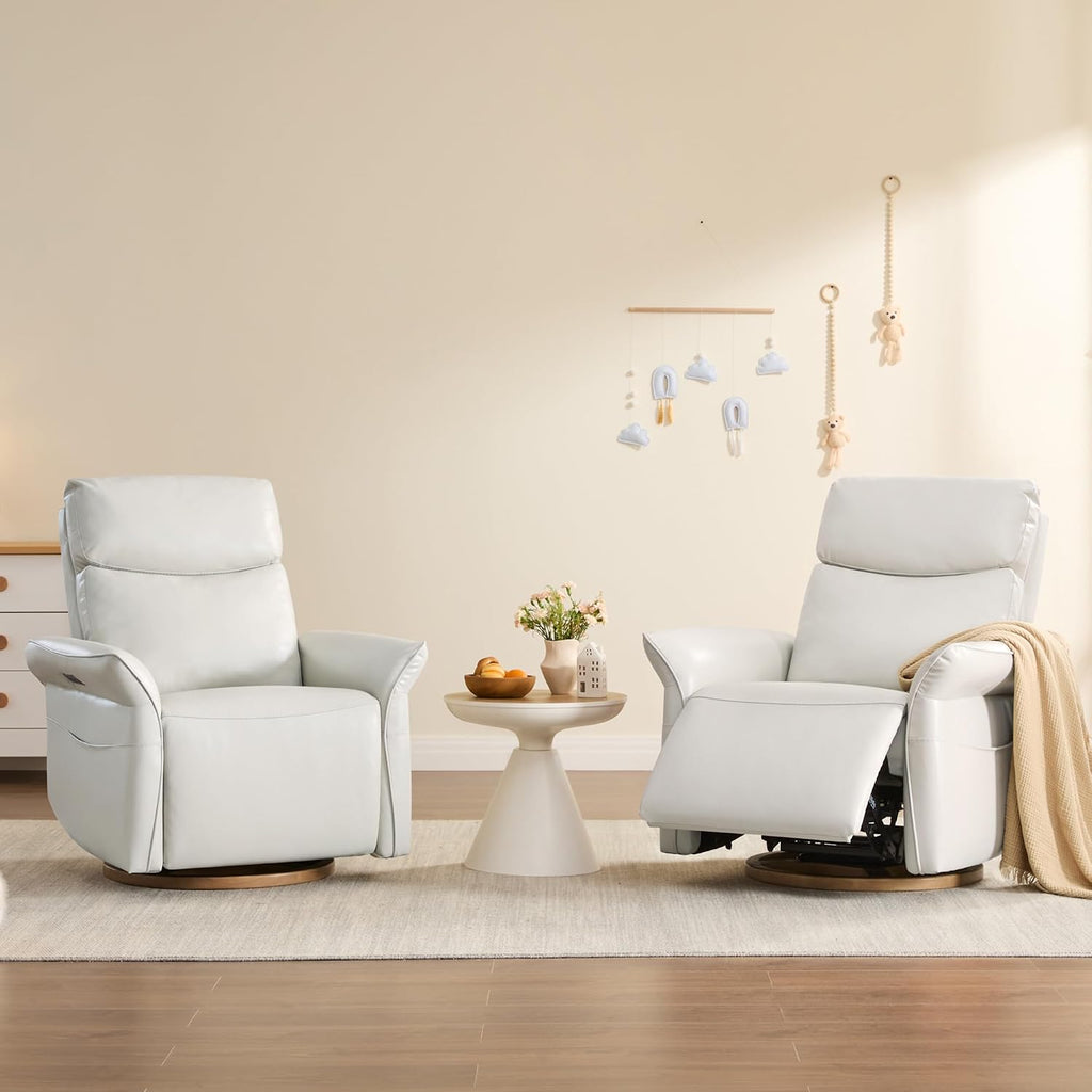 CHITA Genuine Leather Power Recliner Chair, Electric Triple-Motor Swivel Glider Nursery Rocking Chair with Adjustable Power Headrest and Lumbar Support, GREENGARD Gold Certified, Creamy Grey