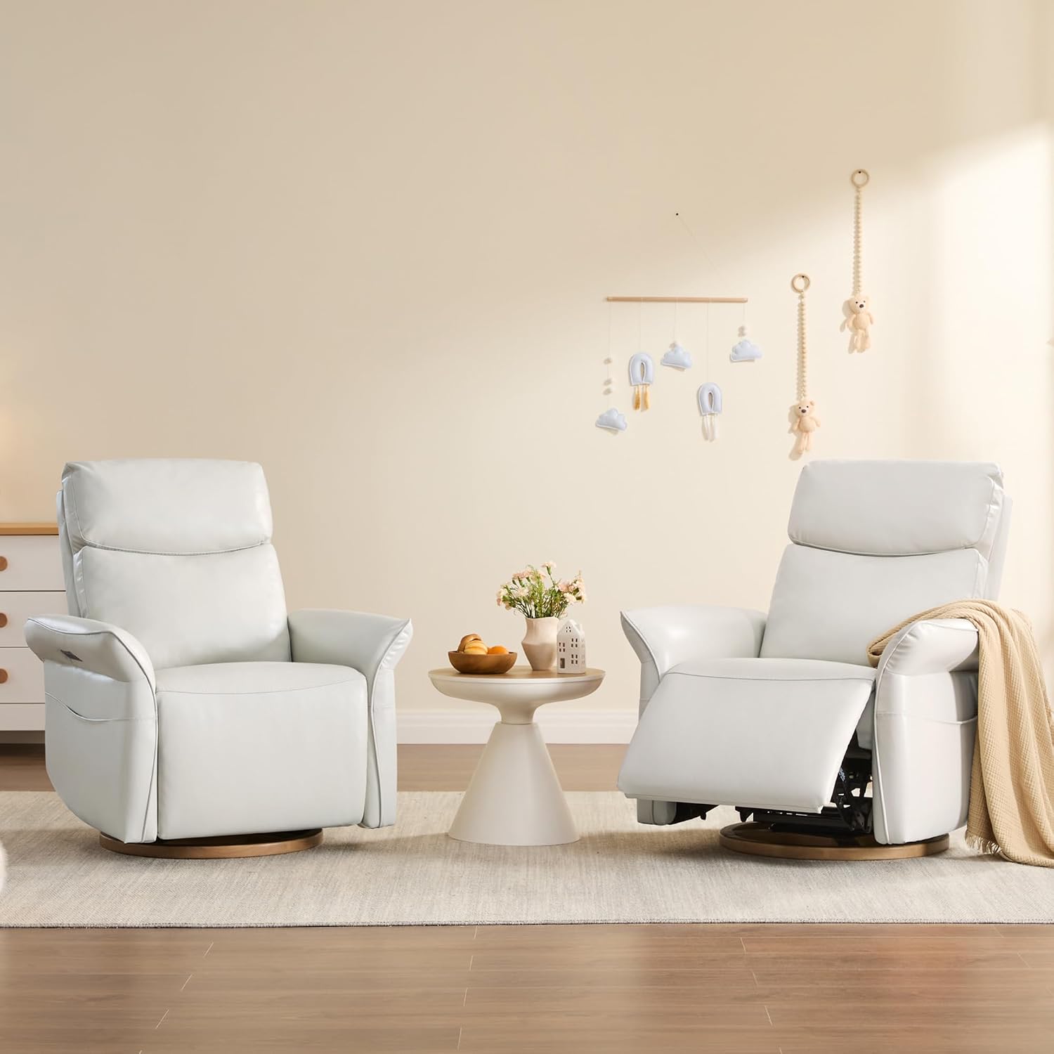 CHITA Genuine Leather Power Recliner Chair, Electric Triple-Motor Swivel Glider Nursery Rocking Chair with Adjustable Power Headrest and Lumbar Support, GREENGARD Gold Certified, Creamy Grey