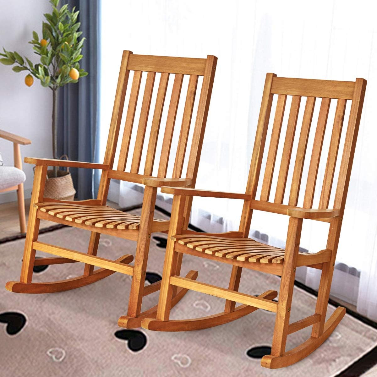 Giantex Rocking Chair Acacia Wood Frame, Porch Rocker Outdoor& Indoor for Garden, Lawn, Balcony, Backyard and Patio Porch Rocker (2, Natural)