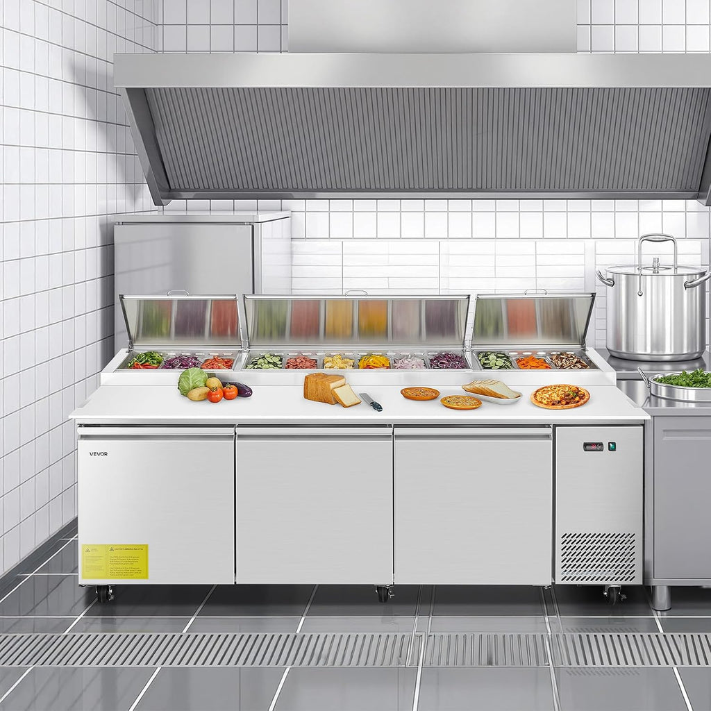 VEVOR 93'W Commercial Refrigerator, Pizza Prep Refrigerated Table, 19.3' Ultra Wide Countertop Food Prep Cooler, 30.8 Cu.Ft Single Door Salad Prep Fridge, 12 Pans Pizza Make Worktop with Cutting Board