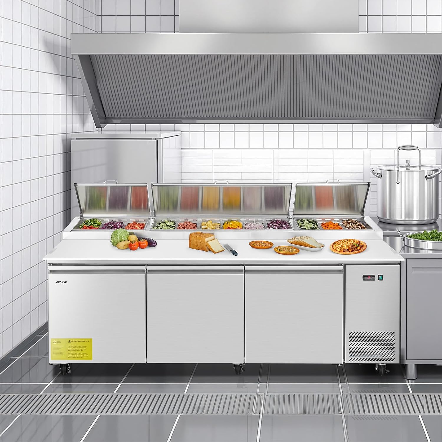 VEVOR 93'W Commercial Refrigerator, Pizza Prep Refrigerated Table, 19.3' Ultra Wide Countertop Food Prep Cooler, 30.8 Cu.Ft Single Door Salad Prep Fridge, 12 Pans Pizza Make Worktop with Cutting Board