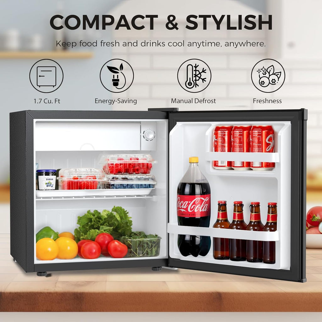 Antarctic Star 1.7 Cu.Ft Compact Refrigerator with Freezer,Adjustable Thermostat,Removable Glass Shelf,Single Reversible Door Mini Fridge for Bedroom,Office,Dorm,Black