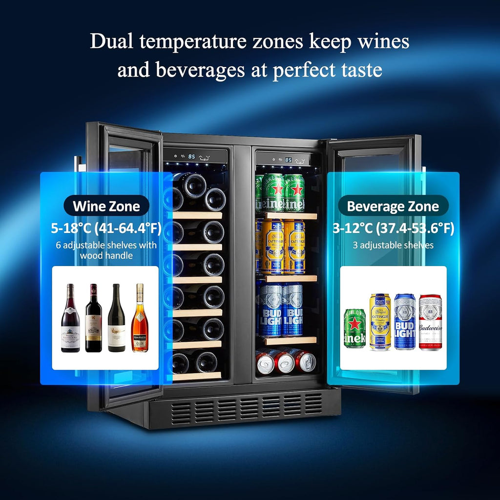 BODEGA Beverage Refrigerator Black, 24 Inch Dual Zone Wine and Beverage Cooler Under Counter, Drink Fridge for Beer, Soda, Wine, Champagne, Holds 41 Cans and 17 Bottles