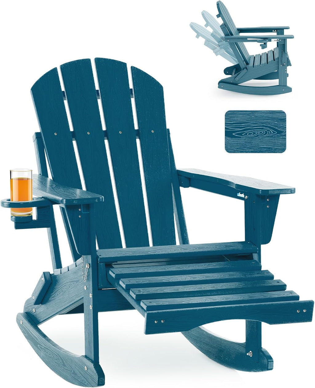 Adjustable Adirondack Rocking Chair with Retractable Ottoman, 4-in-1 Multifunctional Folding Patio Chair with Cup Holder, Outdoor Chair Wood Texture for Lawn,Porch, Backyard,Pool(Navy Blue)