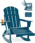 Adjustable Adirondack Rocking Chair with Retractable Ottoman, 4-in-1 Multifunctional Folding Patio Chair with Cup Holder, Outdoor Chair Wood Texture for Lawn,Porch, Backyard,Pool(Navy Blue)