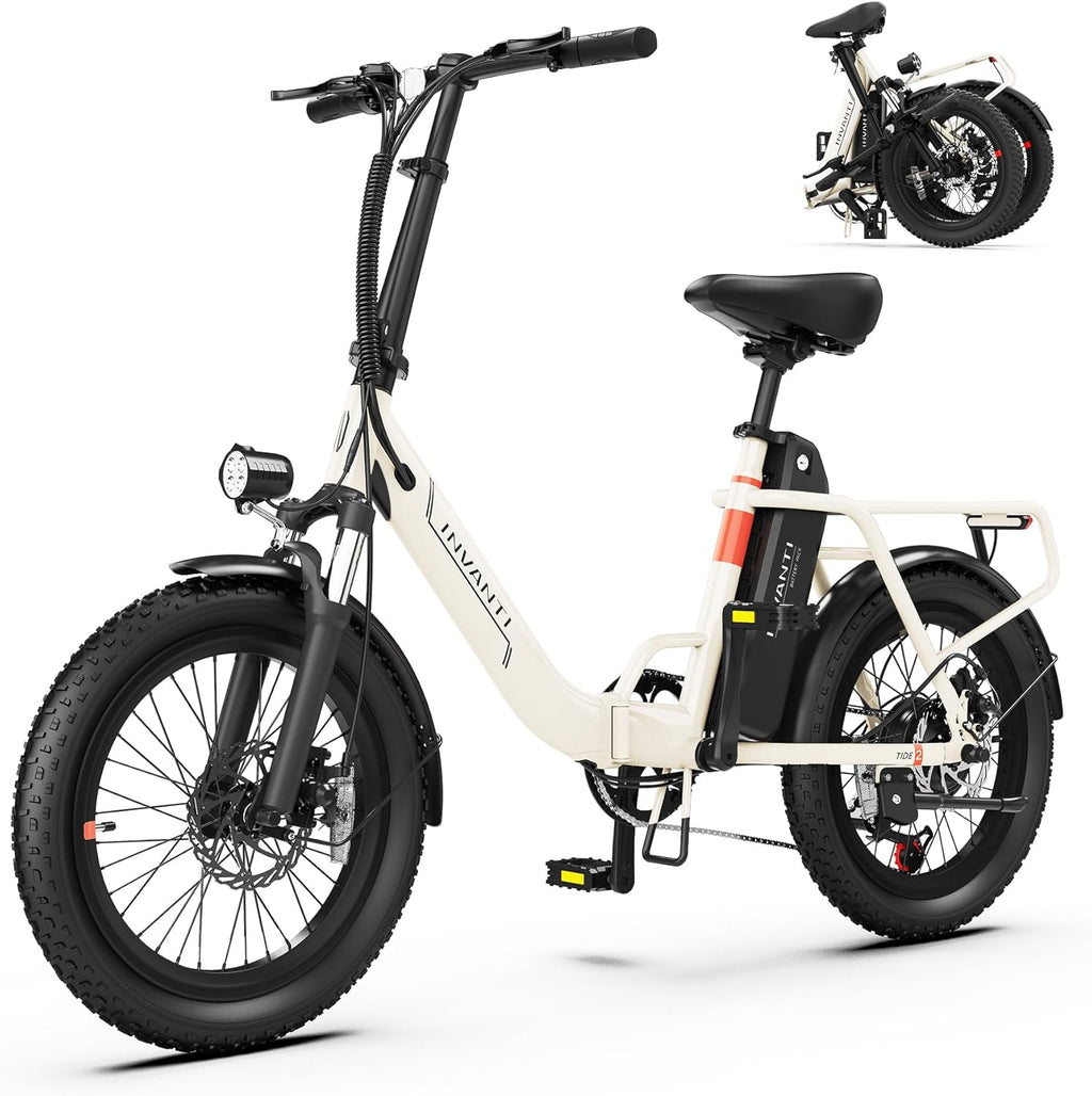 INVANTI Foldable Electric Bike, 1000W Peak Motor Ebikes for Adults, 25MPH Top Speed 45Miles, 20' Step-Thru Fat Tire E-bike for All Terrains with Rear Rack, 7-Speed & Front Suspension Commuting Bicycle