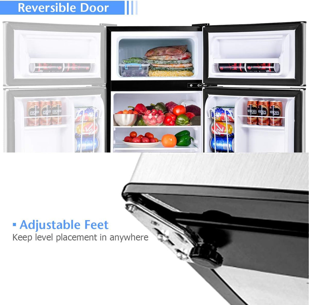 COSTWAY Mini Fridge with Freezer, 3.2 Cu.ft. 2-Door Mini Freezer Cooler Fridge w/ Reversible Door, Removable Glass Shelves, Mechanical Control, Small Refrigerator for Bedroom, Dorm, Office (Grey)