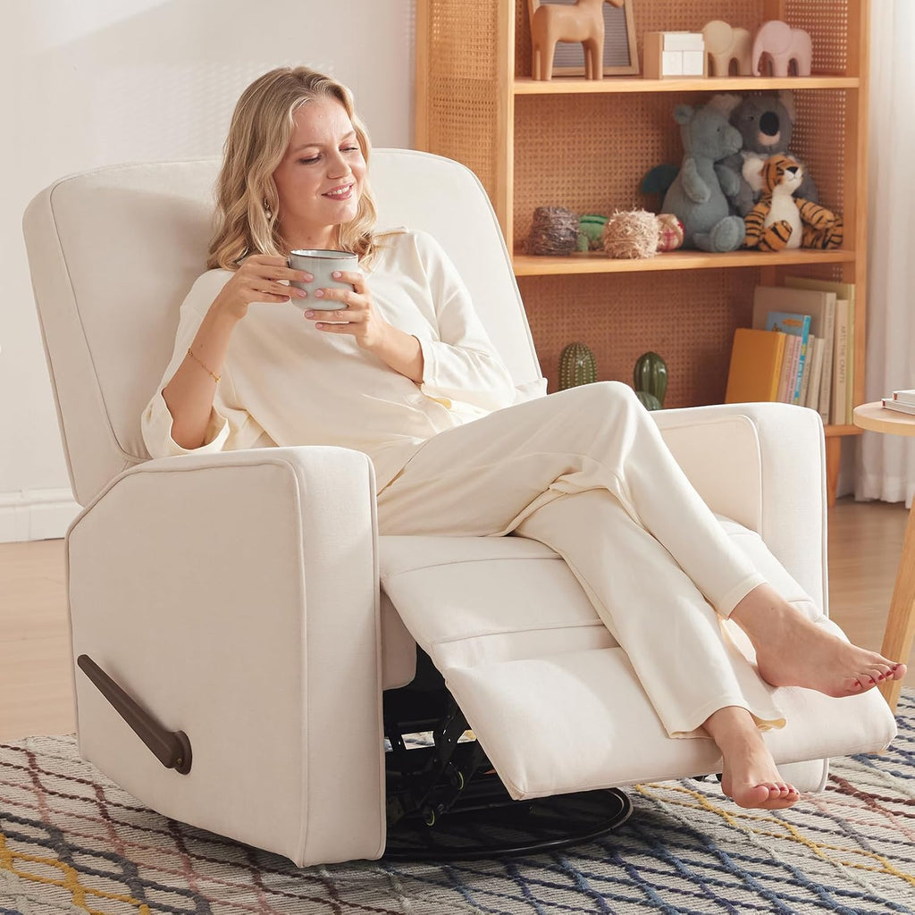 Tbfit Nursery Rocking Chair,360°Swivel Recliner Chair with Lumbar Support for Bedroom, Comfy Upholstered Armchair with Pillows & Footrest for Living Room & Baby Room