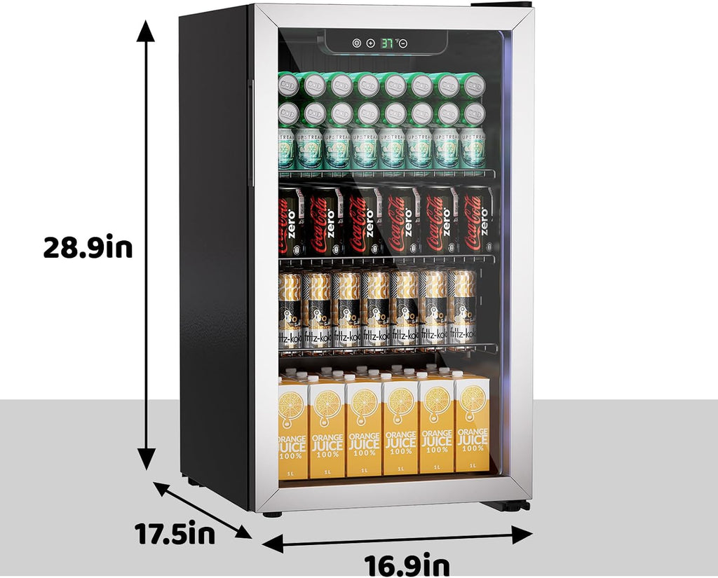Erivess 3.0 Cubic Feet/105 Can Beverage Refrigerator,28 Inch Fridge with Adjustable Shelve & LED Display for Soda Beer or Wine, Drink Refrigerator for Home Bar Office(Silver)