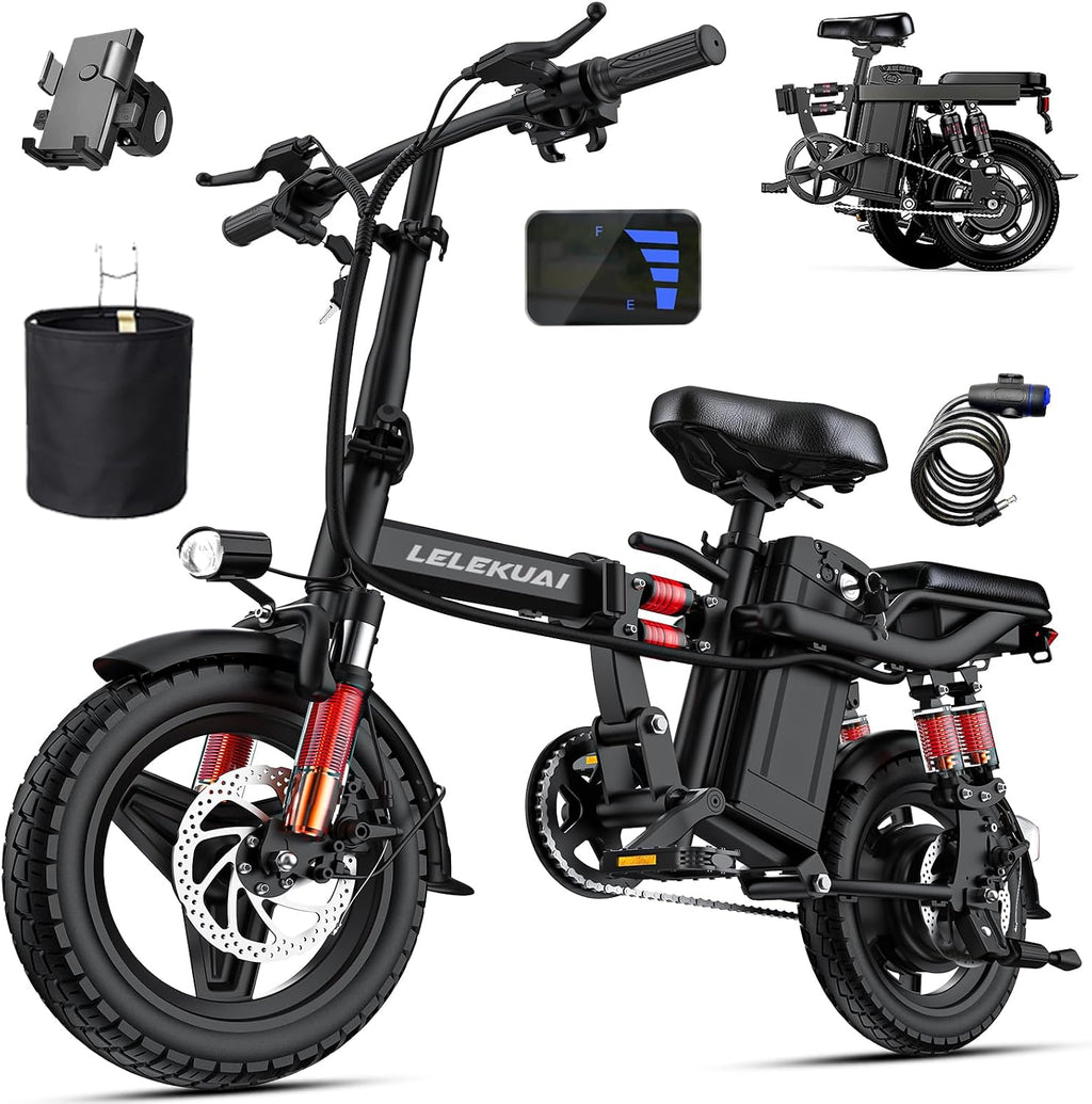 Heavy-Duty Foldable Electric Bike for Adults with 7 Shock Suspension, 500+ lbs Capacity, 740W Motor, 25MPH, 720Wh Battery, 20-Mile Range, 14' Fat Tires Commuter Bicycle for Road & Mountain Riding