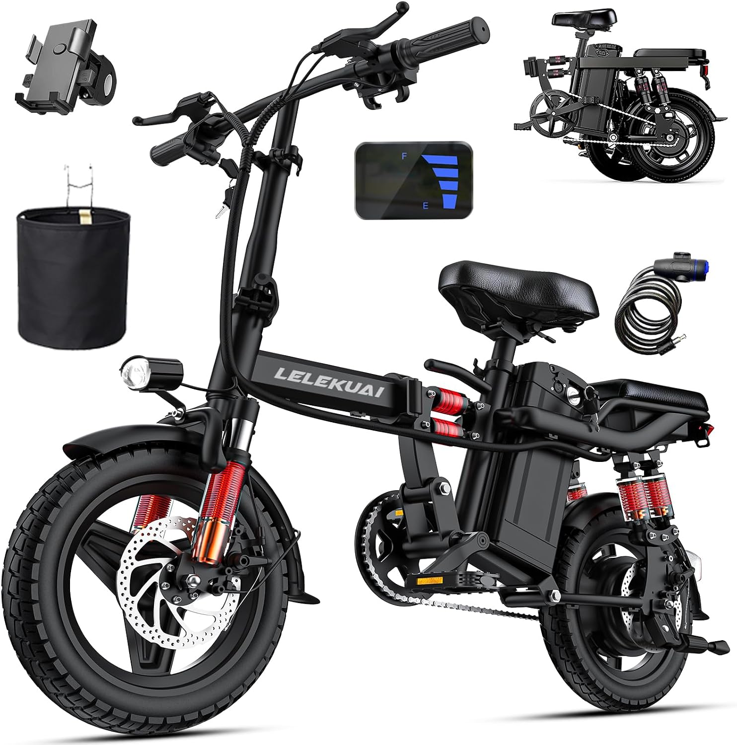 Heavy-Duty Foldable Electric Bike for Adults with 7 Shock Suspension, 500+ lbs Capacity, 740W Motor, 25MPH, 720Wh Battery, 20-Mile Range, 14' Fat Tires Commuter Bicycle for Road & Mountain Riding