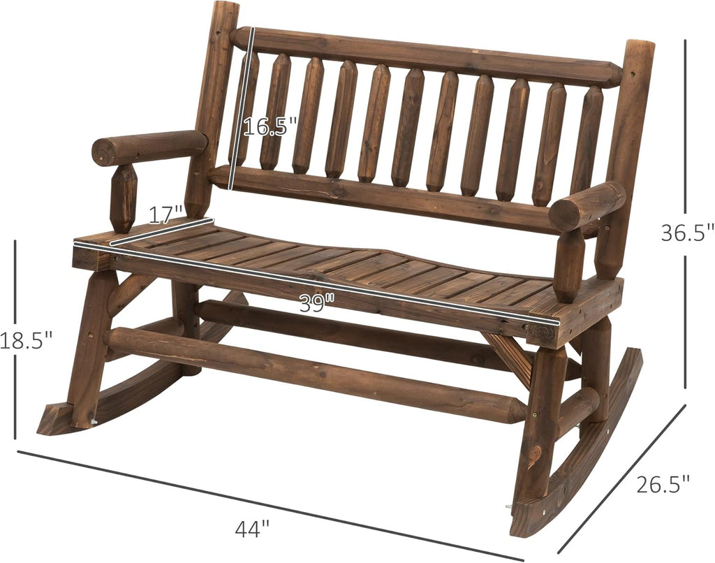 Outsunny 2-Person Wood Rocking Chair with Log Design, Heavy Duty Loveseat with Wide Curved Seats for Patio, Backyard, Garden, Walnut
