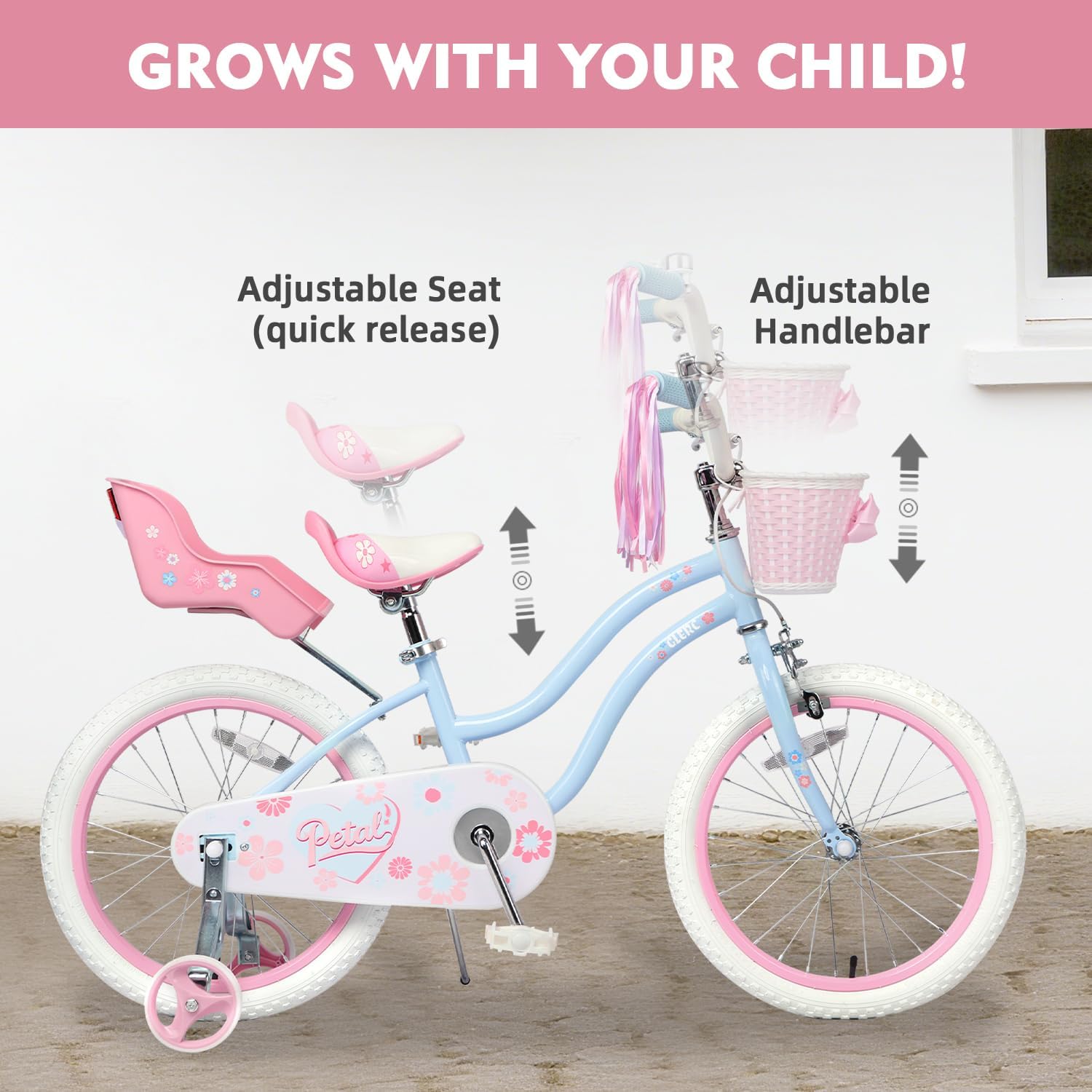 Glerc Petal Girls Bike 12-18 Inch for Ages 2-9, Kids Bike with Training Wheels, Basket & Streamers, Princess Style Kids Bicycle, for Girls
