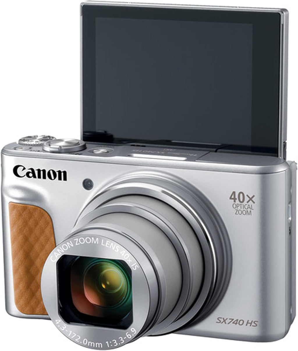 Canon PowerShot SX740 HS Digital Camera (Silver) with LED Video Light + Two Extra Batteries + 64GB Memory Card + Tripod + Case & More (Renewed), Black
