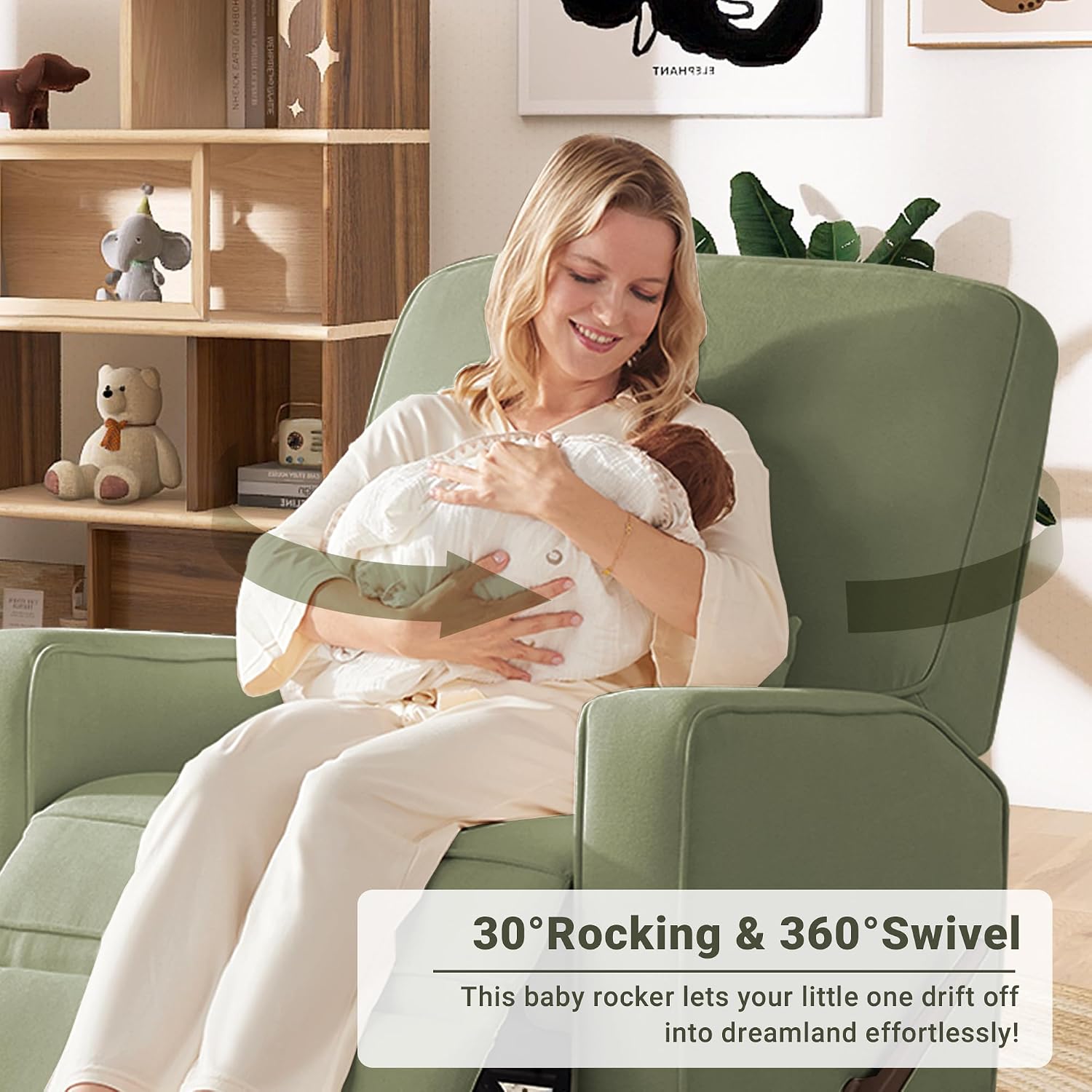 Tbfit Nursery Rocking Chair,360°Swivel Recliner Chair with Lumbar Support for Bedroom, Comfy Upholstered Armchair with Pillows & Footrest for Living Room & Baby Room
