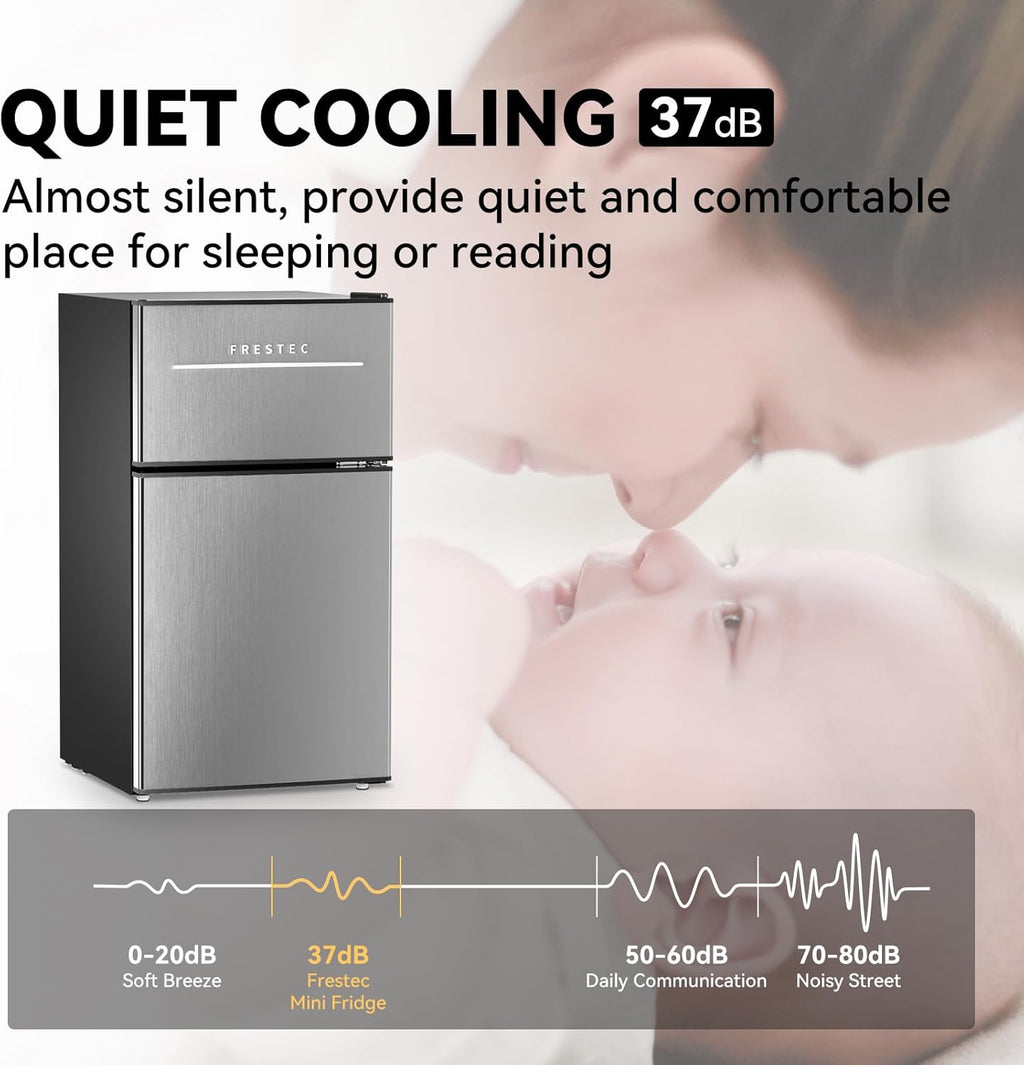 Mini Fridge with Freezer 3.2 Cu.Ft. 2 Door Refrigerator and Freezer Small Fridge for Bedroom Home Office Dorm, Small Drink Chiller, 37 dB Low Noise, Stainless Steel