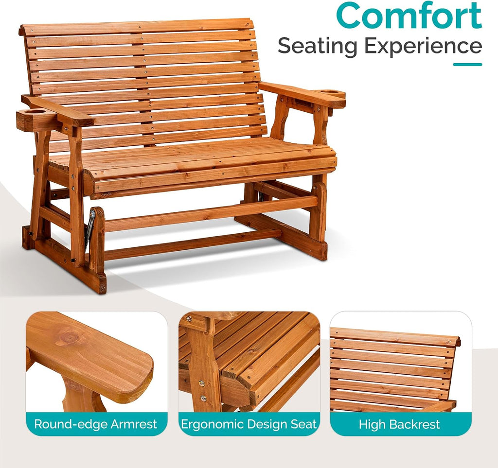 VINGLI Outdoor Glider Wood Patio Chair with Cup Holders, Outdoor Bench Glider Loveseat with Smooth Rocking Mechanism, Heavy Duty 800 LBS
