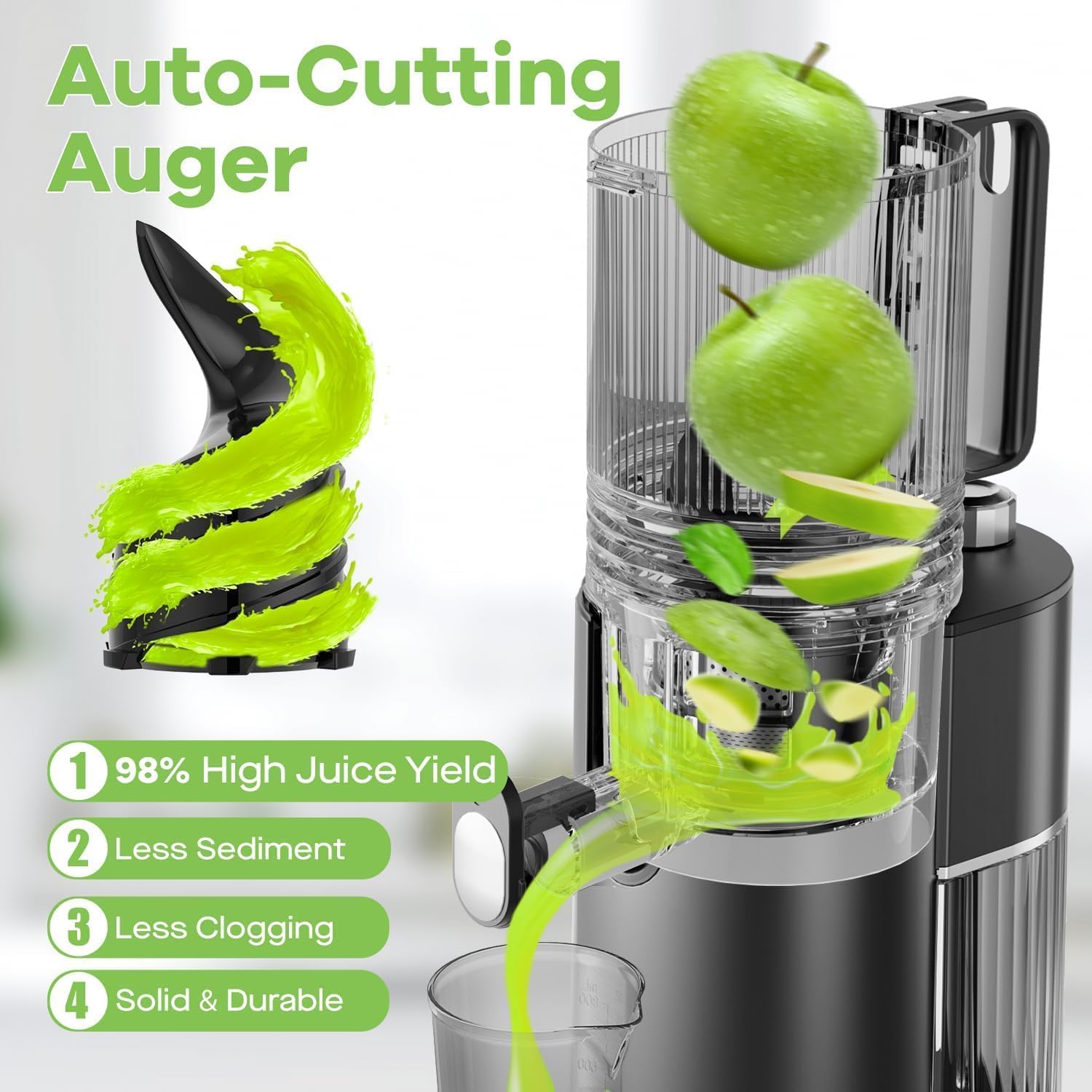 EanOruus Cold Press Juicer, 5.8' Wide Feed Chute Juice Extractor Machine with 400W, High Juice Yield, Slow Masticating Juicer for Whole Vegetables & Fruits, Black Gray