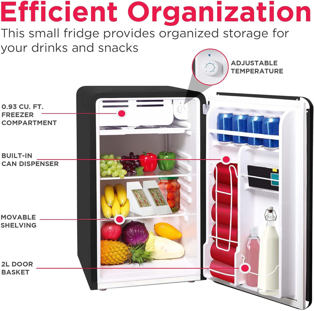 Frigidaire Retro Compact Refrigerator with Chiller, 3.2 cu ft Countertop Fridge, Built-In Bottle Opener, Rounded Corners, Premium, for Office, Bedroom, Dorm Room, Cabin, 18.5D x 20W x 31.5H (Black)