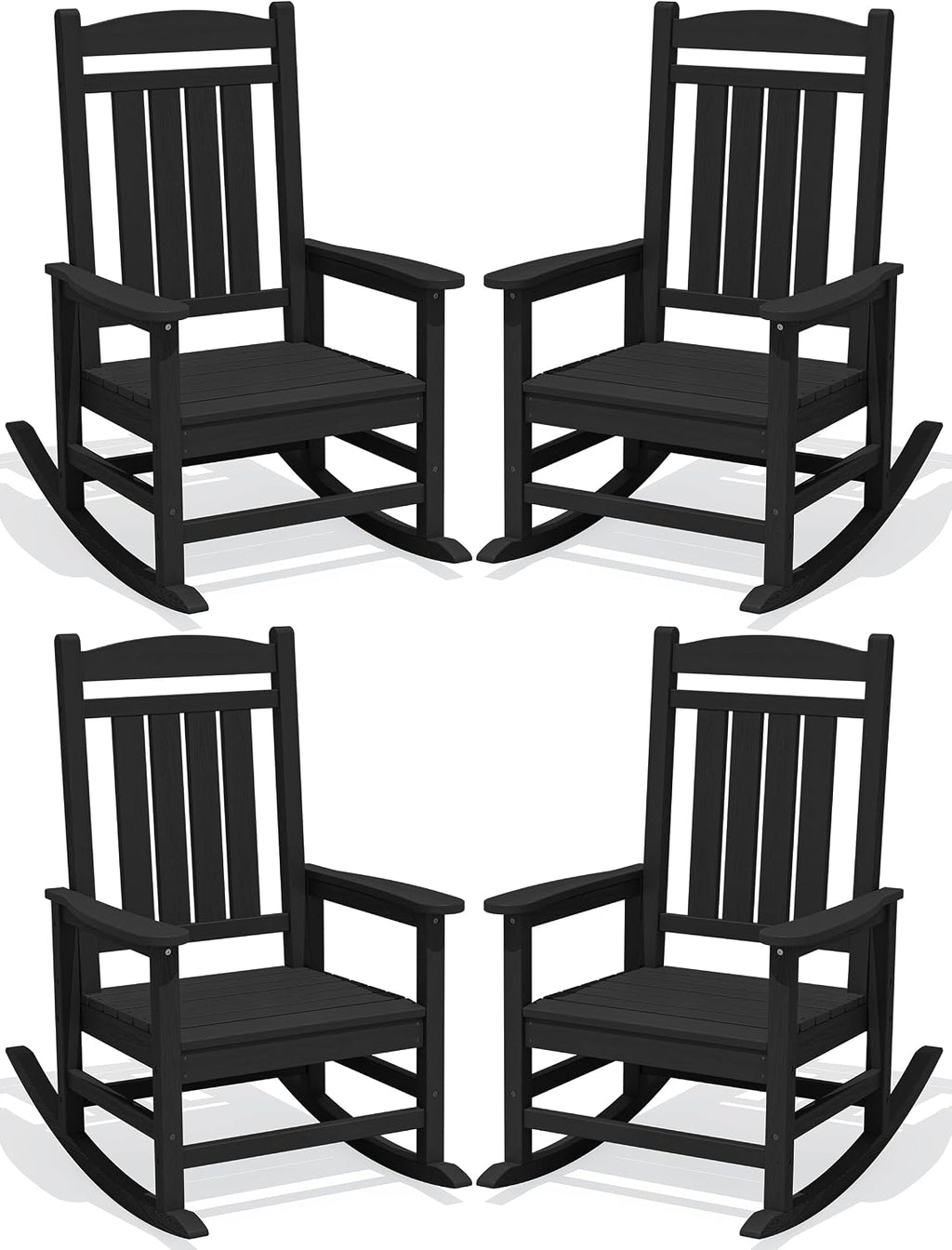 KINGYES Oversized Outdoor Rocking Chair Set of 4, High Density Polyethylene Patio Rocking Chairs with 350lbs Support for Adults, Black