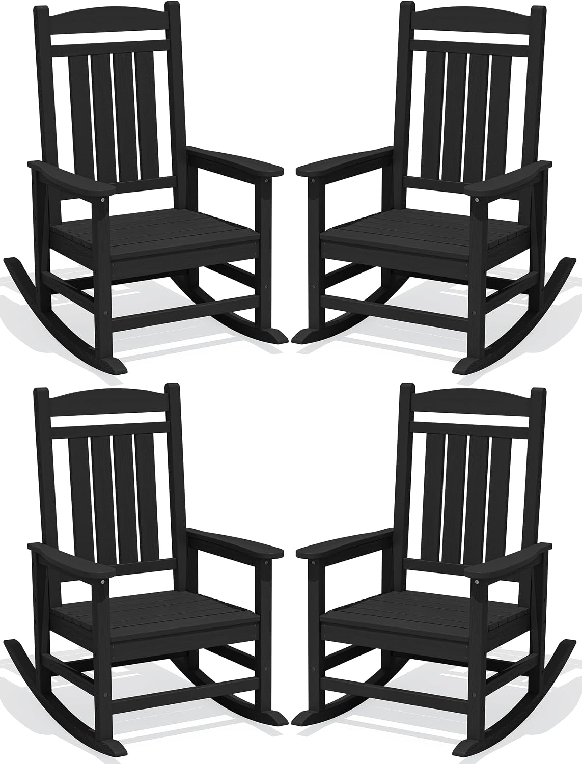 KINGYES Oversized Outdoor Rocking Chair Set of 4, High Density Polyethylene Patio Rocking Chairs with 350lbs Support for Adults, Black