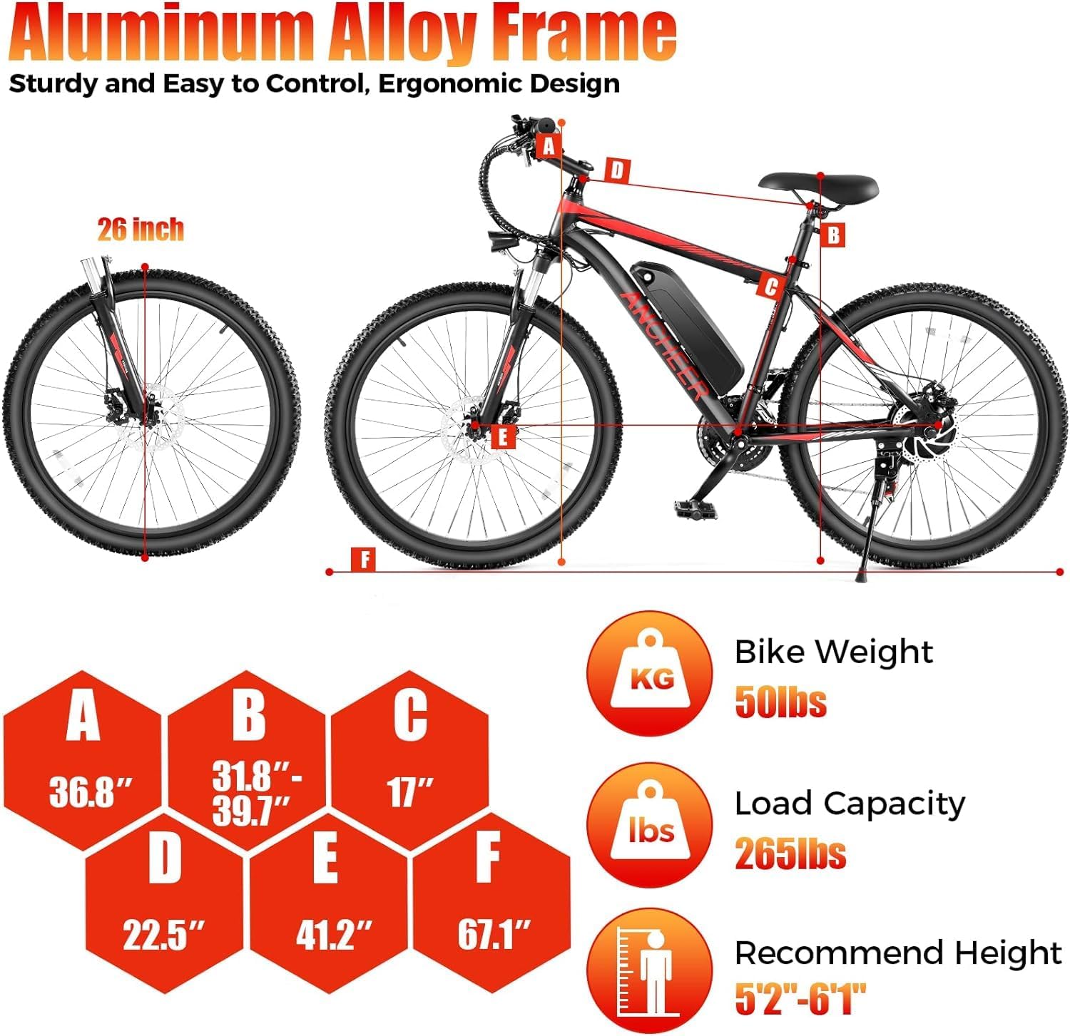 ANCHEER 26' Electric Bike for Adults, Peak 749W Ebike, 19.8MPH Electric Bicycle with 48V 374Wh / 48V 499Wh Battery(3H Fast Charge), LCD Display, Front Suspension, UL2849 Compliant