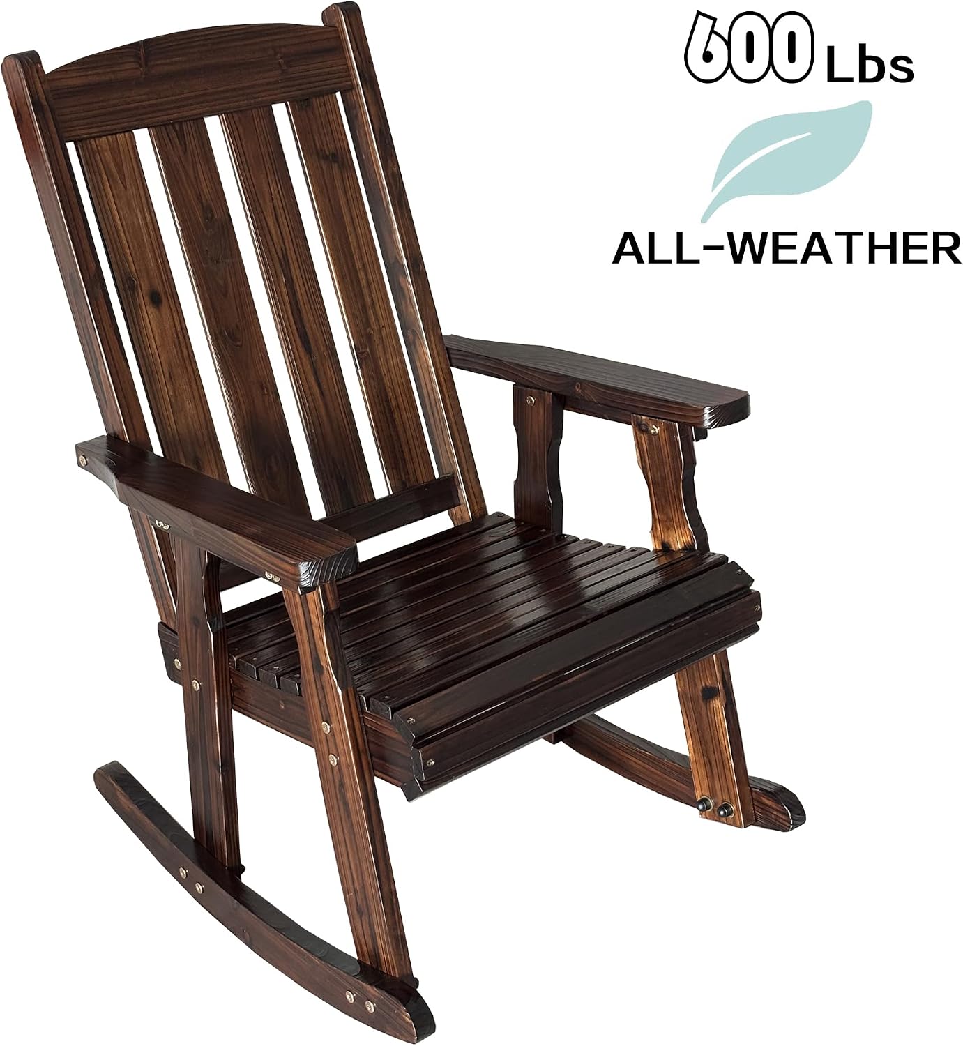 Fortune Candy Wooden Patio Rocking Chair with Comfortable Backrest Inclination, High Backrest and Deep Contoured Seat, Solid Fir Wood, Heavy Duty 600 LBS (Chocolate Tone, 1 Piece)