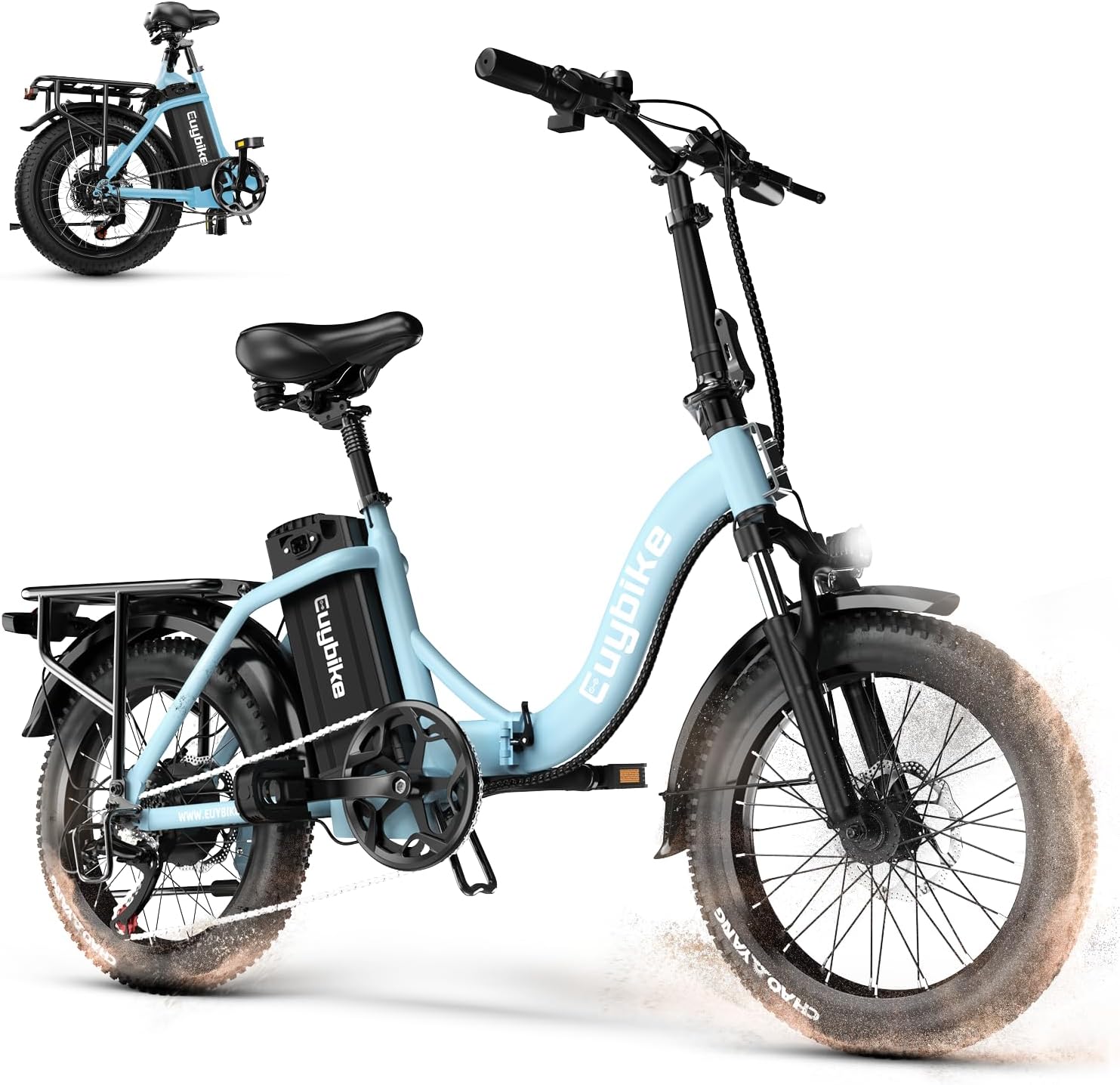EUYBIKE1000W Folding Electric Bike for Adults,30mph Max Speed, 15AH Removable Battery Ebike, 20' 3 Fat Tire Electric Mountain E Bike with 7-Speed,Adult Electric Bicycles for Commute Beach Snow Blueb…
