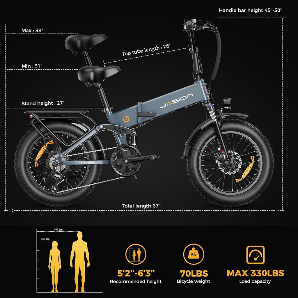 Jasion X-Hunter Electric Bike for Adults,1400W Peak Motor 30MPH Max Speed,48V 13AH Removable Battery Full Suspension 20 * 4.0 Fat Tire Foldable Ebike, 7-Speed Bicycles,with Saddle Bag and Lock