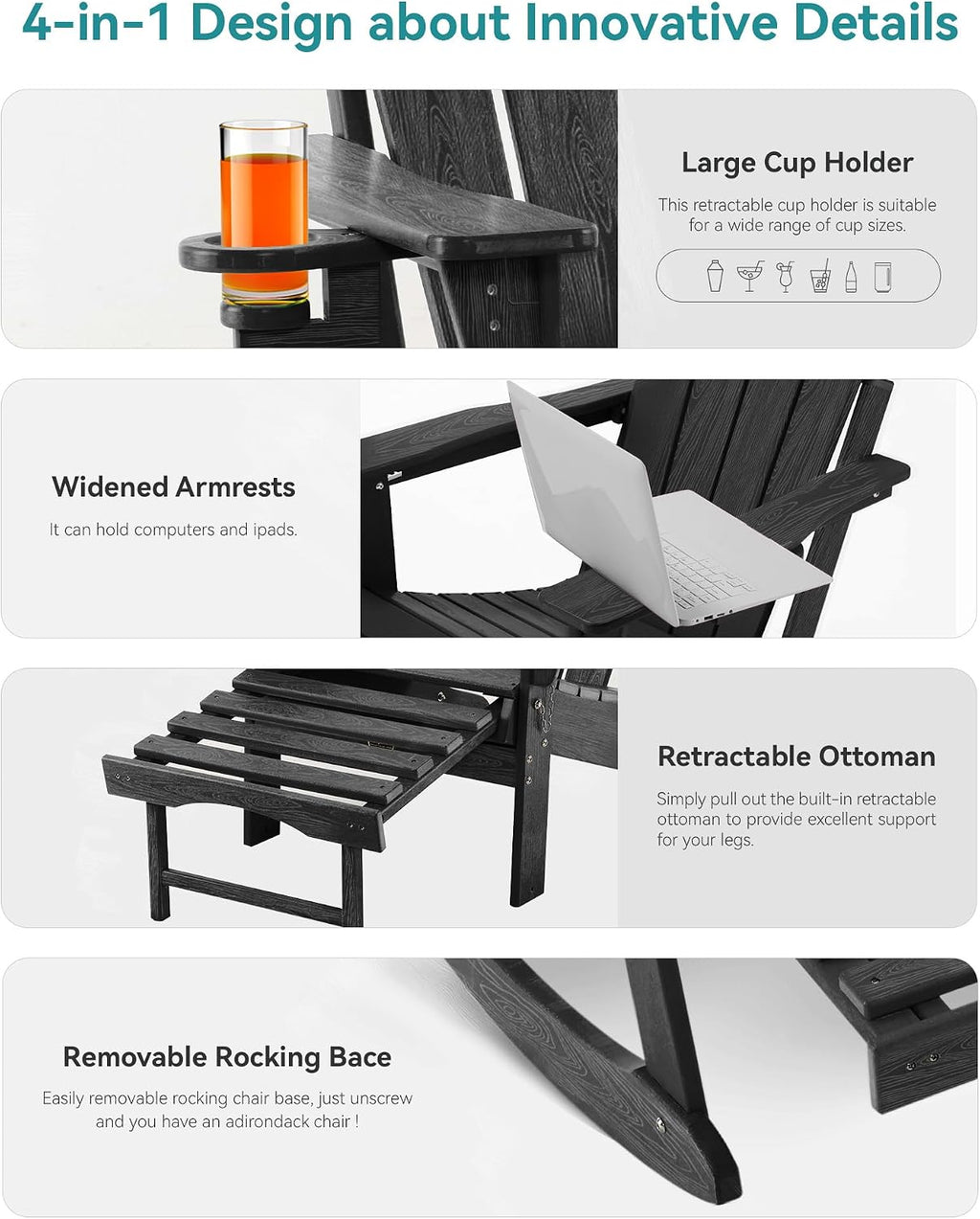 Adjustable Adirondack Rocking Chair with Retractable Ottoman, 4-in-1 Multifunctional Folding Patio Chair with Cup Holder, Outdoor Chair Wood Texture for Lawn, Porch, Backyard, Pool(Black)