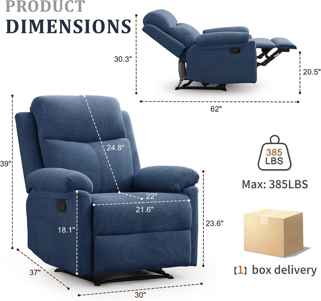 Korser Recliner Chair, Manual Recliner for Adults with Side Pocket, Small Recliners for Small Spaces, Adjustable Comfy Overstuffed Corduroy Reclining Chairs for Living Room, Reading, Bedroom, Blue
