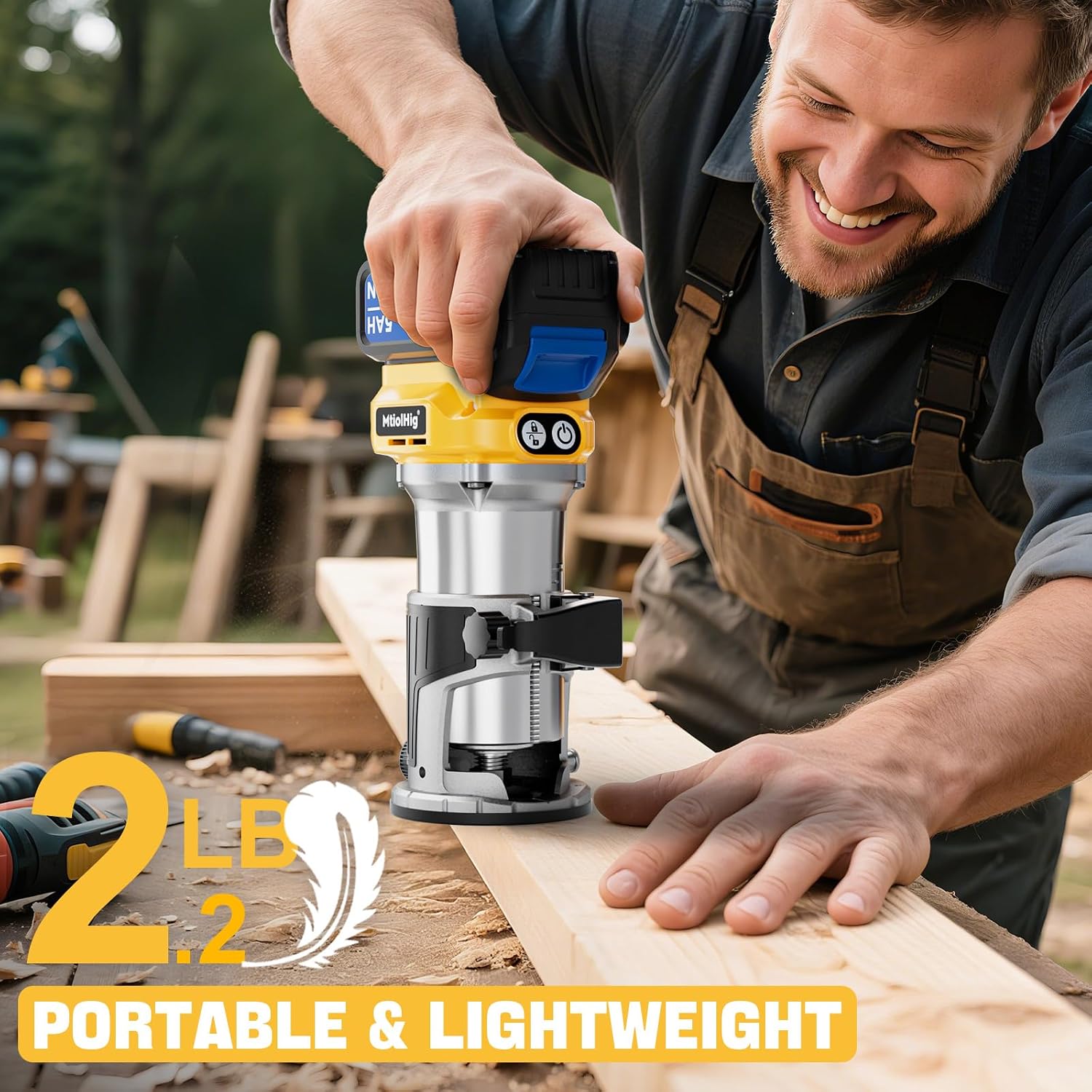 MtiolHig Cordless Compact Router Compatible with Dewalt 20V Battery, With 1 x 5.0Ah Rechargeable Battery, 6 Pcs Router Bits for Woodworking, Router With Trim Bits, Edge & Roller Guide