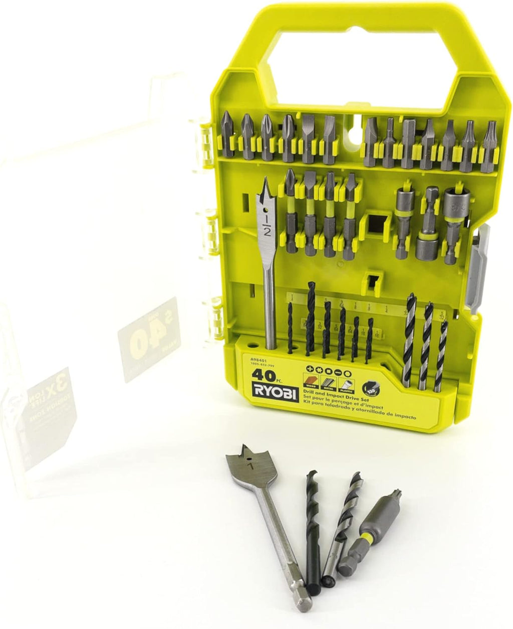 Drill Set Bundle with Ryobi 18V Cordless Drill, 1.5 Ah Lithium-ion Battery, 18-Volt Battery Charger, 40 Piece Multipurpose Drill Bits, and Buho 16 Inch Tool Bag with Outside Pockets