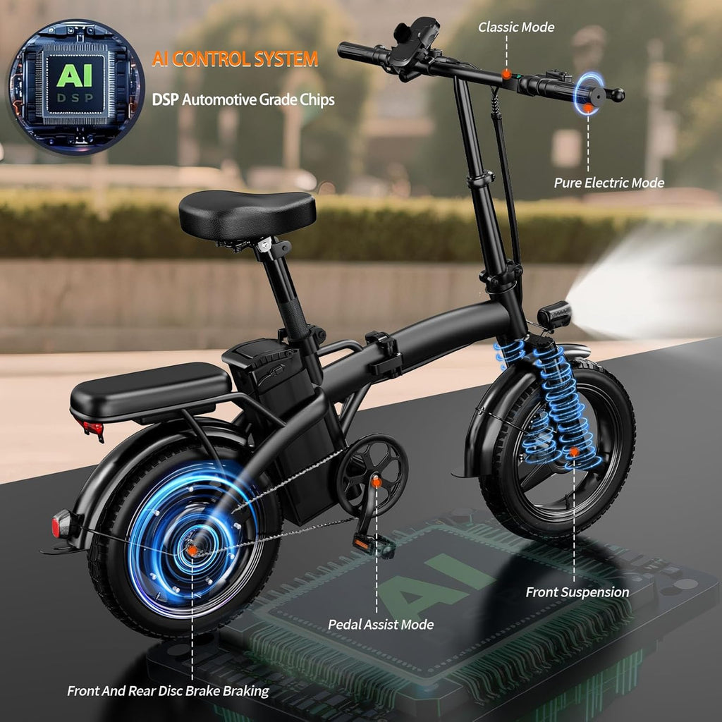 Electric Bike for Adults 500W Peak Motor, 14' Folding Ebike Max 23MPH, Electric Bicycle with 48V12AH Removable Battery, 35Mile PAS Range, Multi-Shock Absorption,UL 2849,Commuting Mini E Bikes