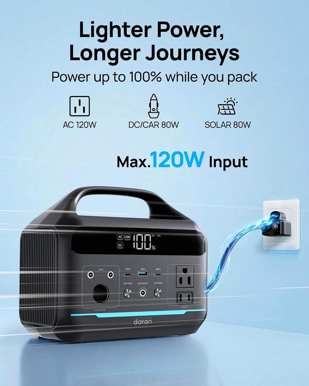 DARAN Portable Power Station 600W with 80W Solar Panel, 288Wh LiFePO4 Solar Generator, Dual AC Outlets, 100W USB-C PD, Fast Recharge for Camping, RV, Power Outage, Emergency Backup