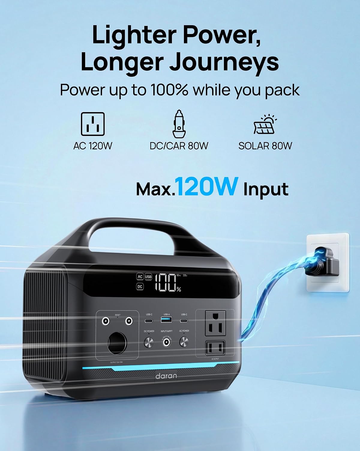 DARAN Portable Power Station 600W with 80W Solar Panel, 288Wh LiFePO4 Solar Generator, Dual AC Outlets, 100W USB-C PD, Fast Recharge for Camping, RV, Power Outage, Emergency Backup