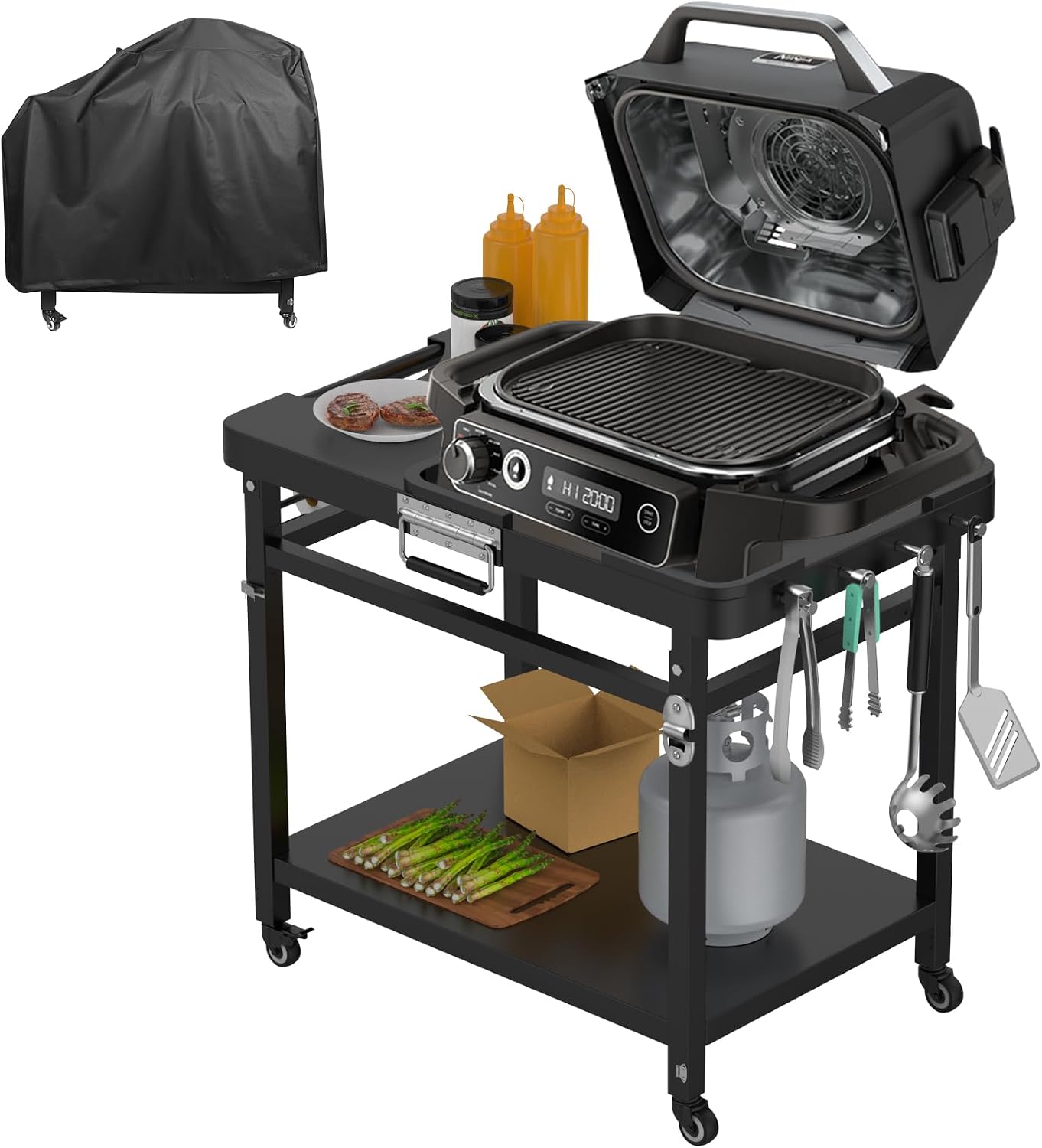 Outspark Grill Stand for Ninja Woodfire Outdoor Portable Prep Cart Table Station for Ninja XSKUNSTAND OG700 OG800 OG900 OO101 Series and Smoker Pizza Oven Accessories with Wheels & Grill Cover