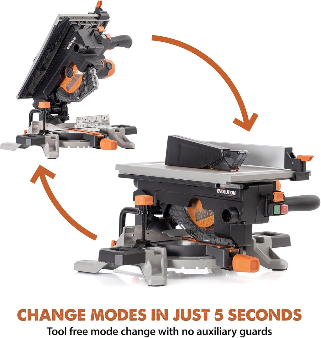 Evolution R8MTS 8-1/4' Convertible Miter/Table Saw - Multi-Function Saw - 0-45° Bevel & +/- 45° Miter - Multi-Material Cutting: Wood, Plastic, Metal - Compact, Powerful 12A Motor - TCT Blade Incl