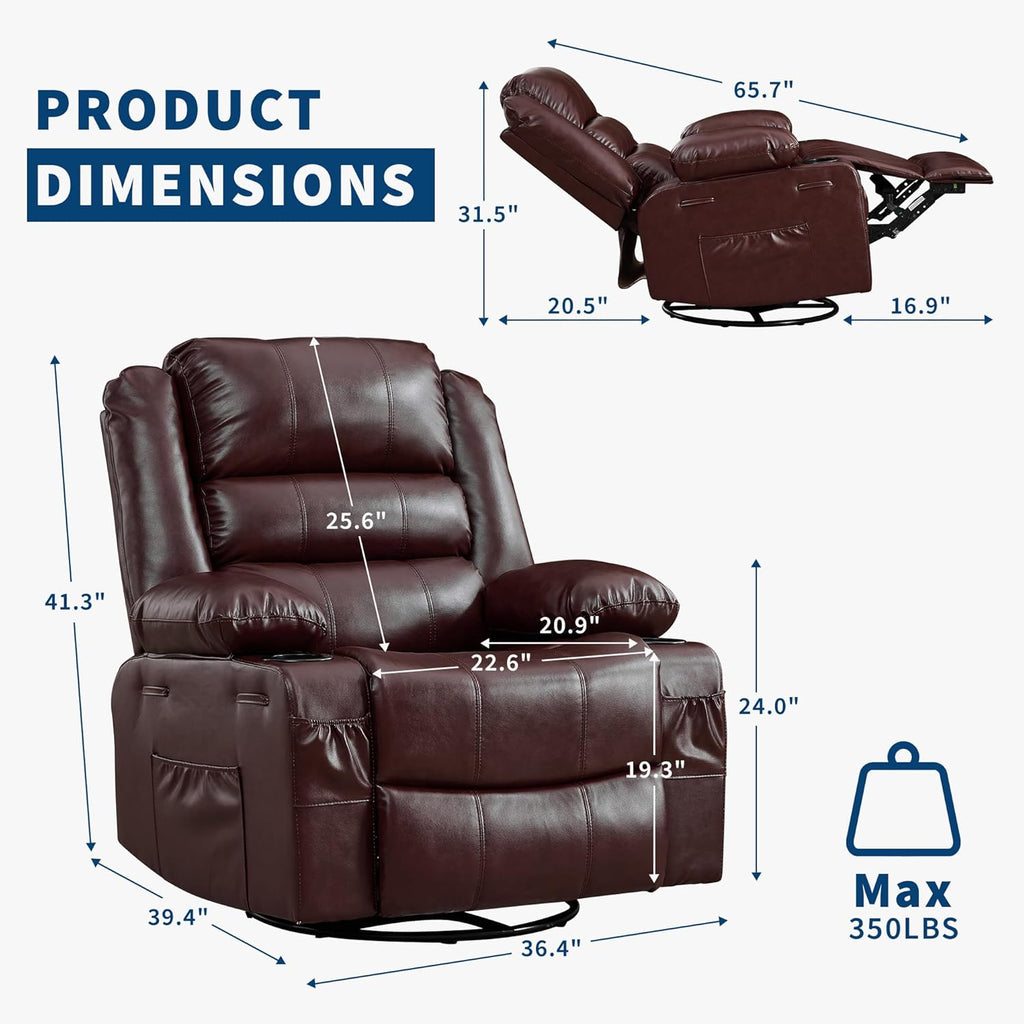 Garvee Rocking Recliner Chair for Adults 360° Swivel Rocker Recliner with Cup Holder Wide Nursery Glider with Upholstered Deep Seat PU Leather Comfy Single Sofa for Living Room Coffee