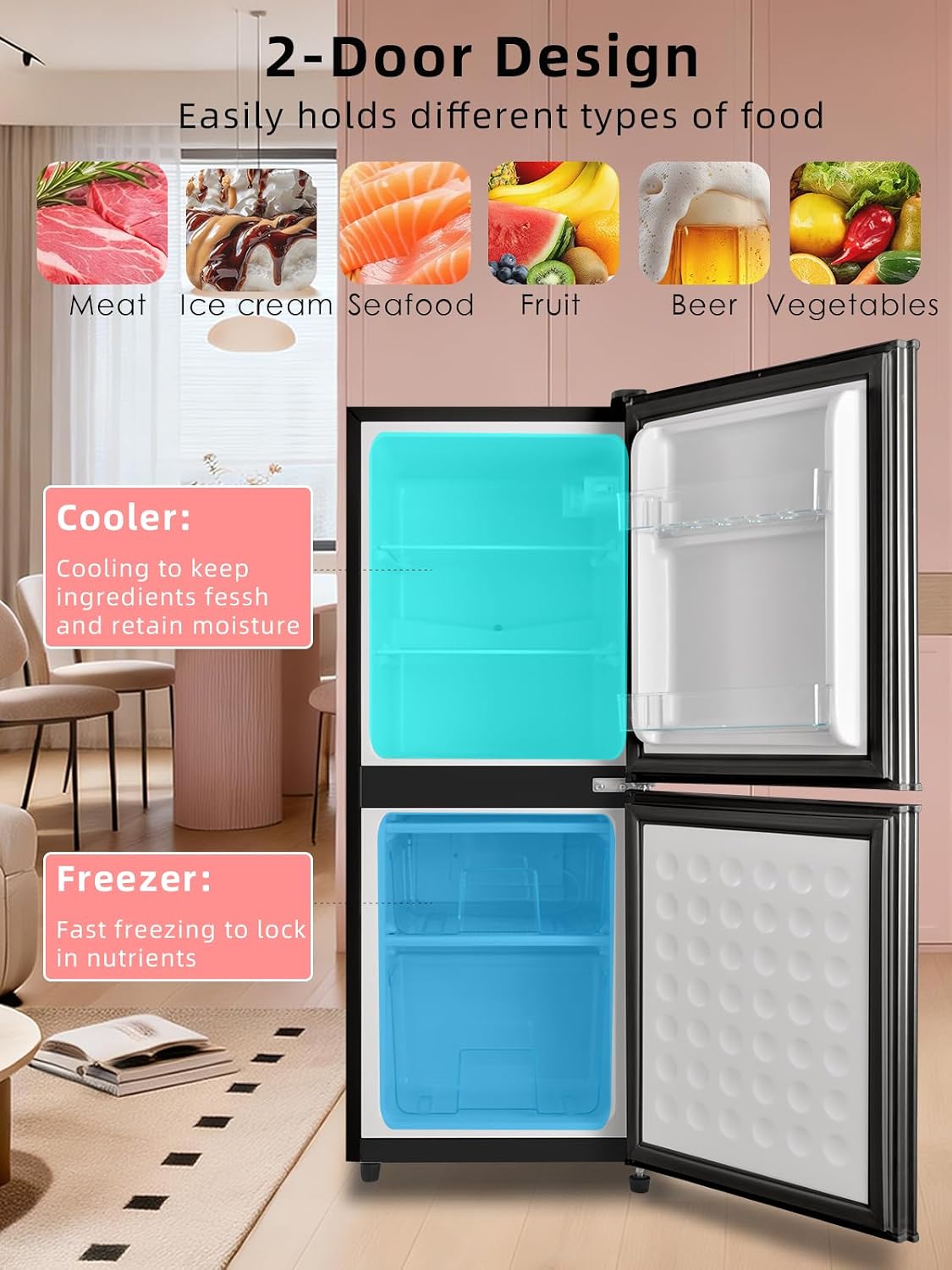 KRIB BLING 4.0 Cu.Ft Refrigerator with Freezer, 2 Doors Fridge with Adjustable Thermostat Control, Refrigerator for Kitchen, Dorm, Apartment, Garage, Office, Black